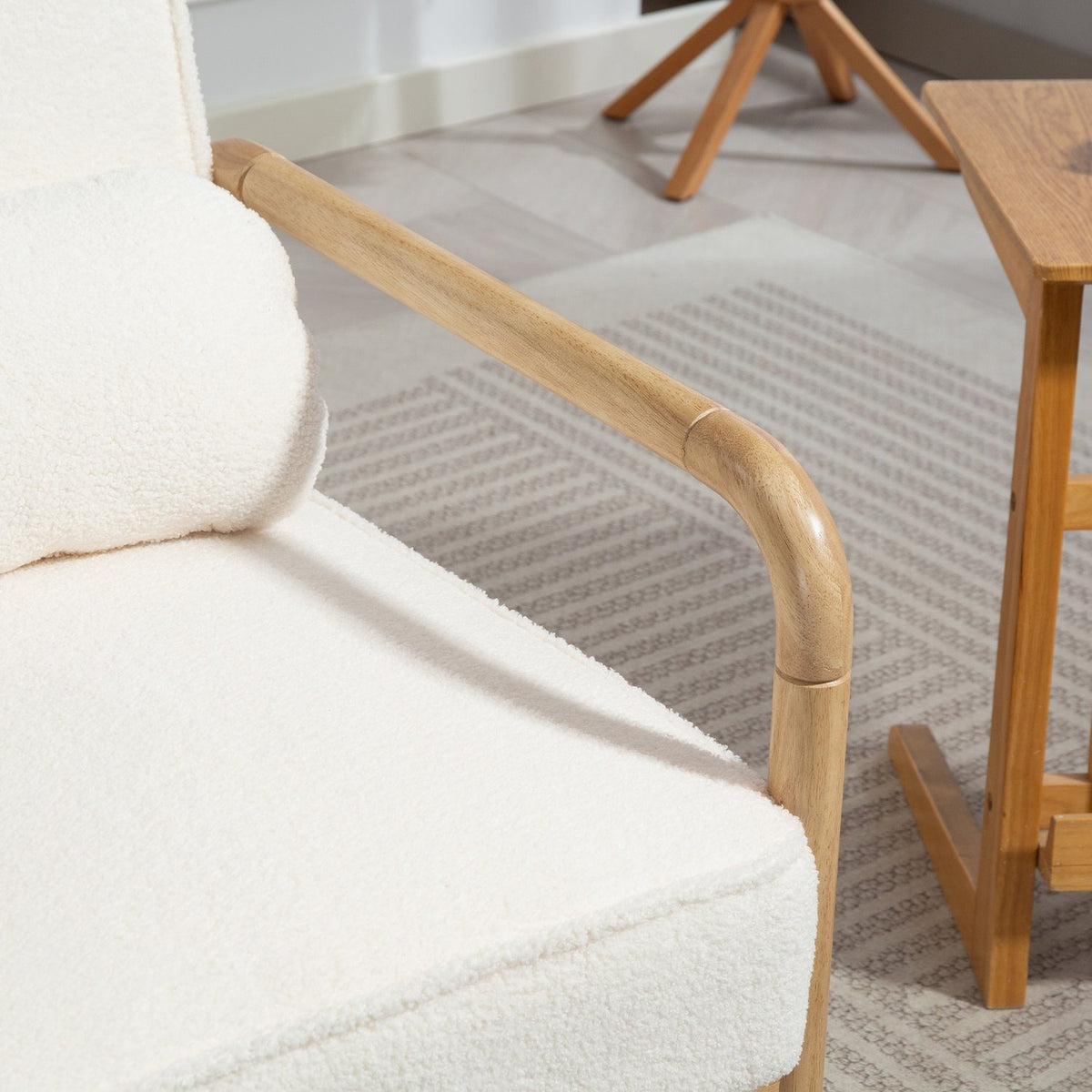 Armchair Living Room Lounge Chair with Armrests, Wooden Legs, Large and Thick Seat, Relaxation Chair Reading Chair with Throw Pillow, Bouclé Look, Upholstered Chair for Bedroom White |