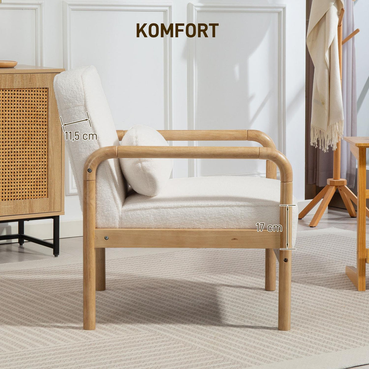 Armchair Living Room Lounge Chair with Armrests, Wooden Legs, Large and Thick Seat, Relaxation Chair Reading Chair with Throw Pillow, Bouclé Look, Upholstered Chair for Bedroom White |