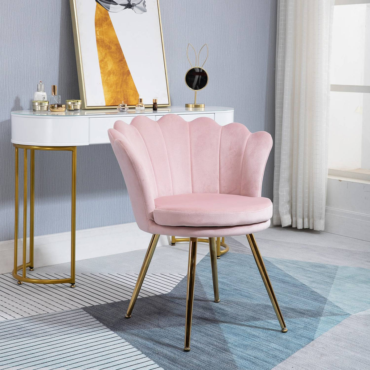 Armchair Living Room Relax Chair Lounge Chair with Lotus Shaped Design Upholstered Chair with Metal Legs Velvet Look Single Chair for Bedroom Pink
