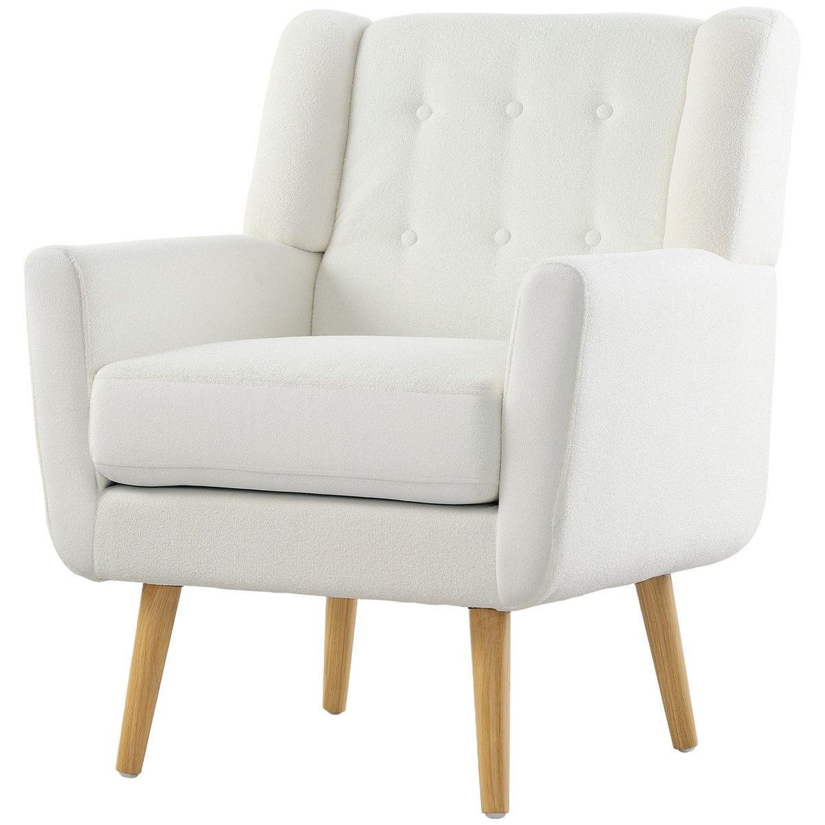 Armchair Living Room Wing Chair Padded Tufted Lounge Chair Relaxation Chair with Teddy Fleece Look Wooden Legs Upholstered Chair for Bedroom White