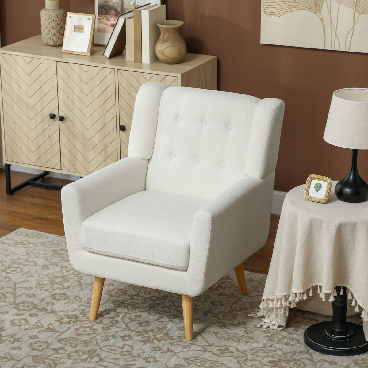 Armchair Living Room Wing Chair Padded Tufted Lounge Chair Relaxation Chair with Teddy Fleece Look Wooden Legs Upholstered Chair for Bedroom White
