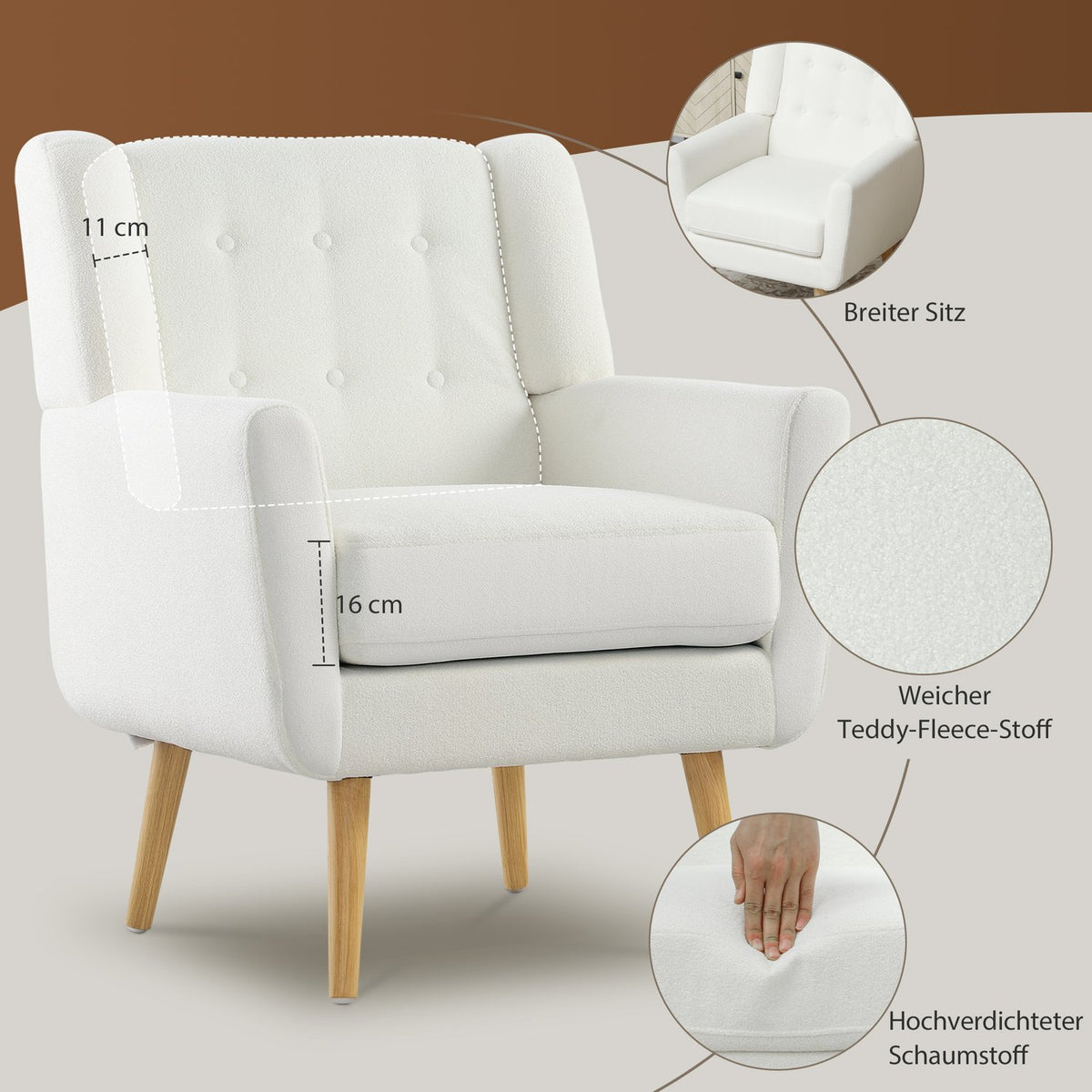 Armchair Living Room Wing Chair Padded Tufted Lounge Chair Relaxation Chair with Teddy Fleece Look Wooden Legs Upholstered Chair for Bedroom White