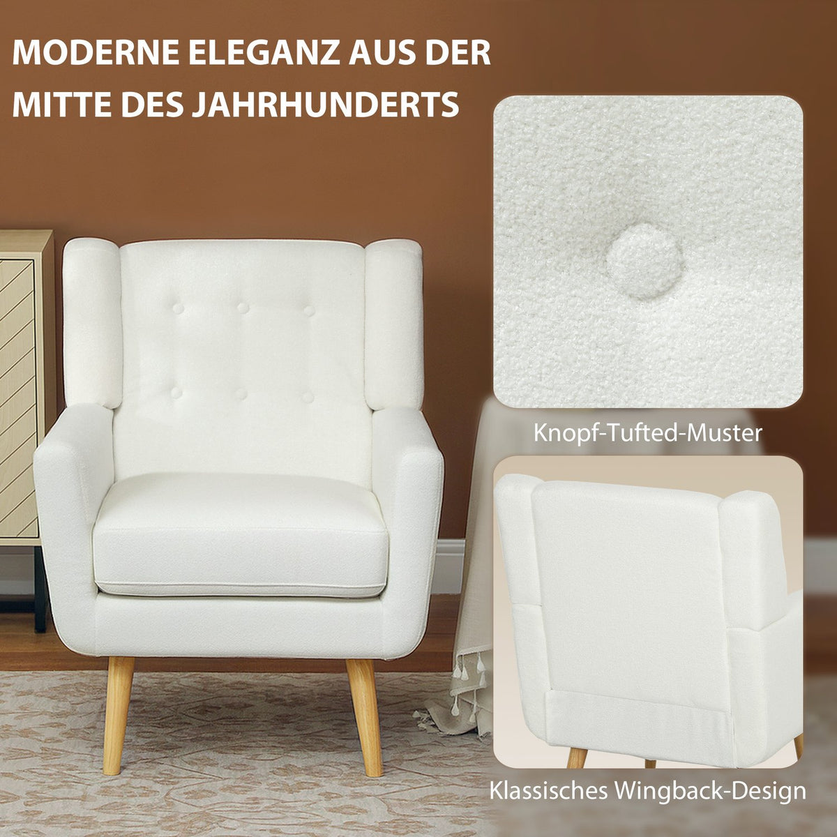 Armchair Living Room Wing Chair Padded Tufted Lounge Chair Relaxation Chair with Teddy Fleece Look Wooden Legs Upholstered Chair for Bedroom White