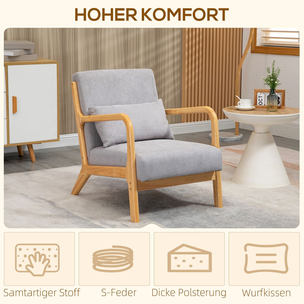 Armchair Lounge Chair with Armrest, Lumbar Cushion, Padded Relaxation Chair with Wooden Frame, Velvet Look, S-Feather, for Bedroom, Living Room, Gray