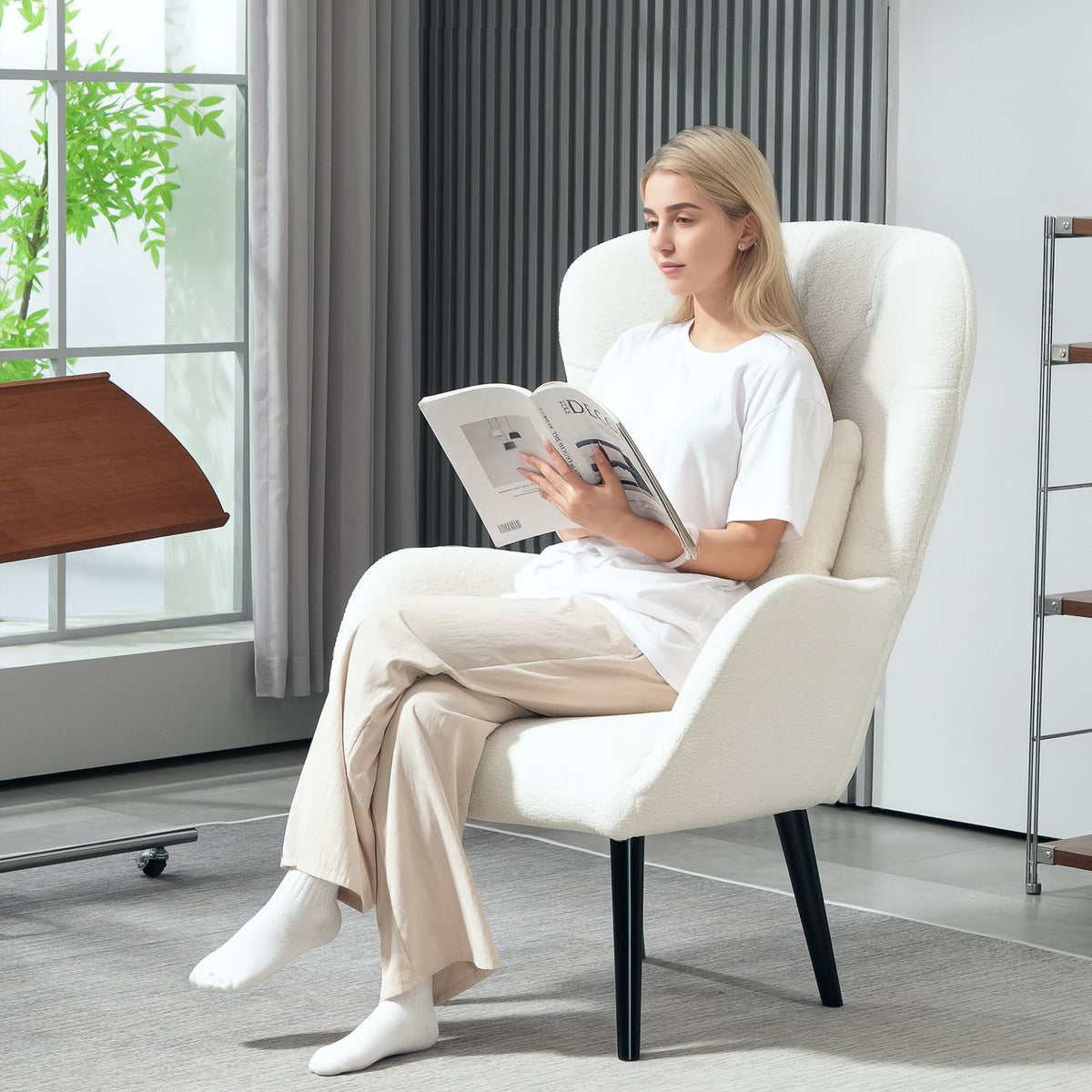 Armchair Lounge Chair with Lumbar Cushion, Padded Teddy Armchair with Wooden Legs, Diamond Tufted Back, Relaxation Chair for Living Room, Bedroom, White