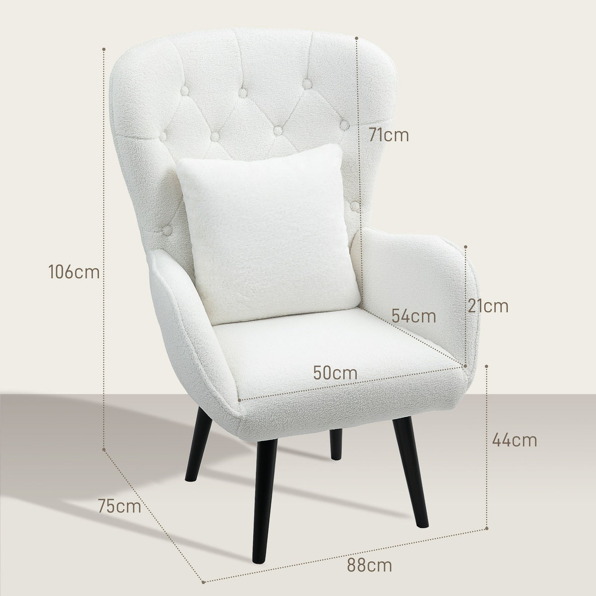 Armchair Lounge Chair with Lumbar Cushion, Padded Teddy Armchair with Wooden Legs, Diamond Tufted Back, Relaxation Chair for Living Room, Bedroom, White