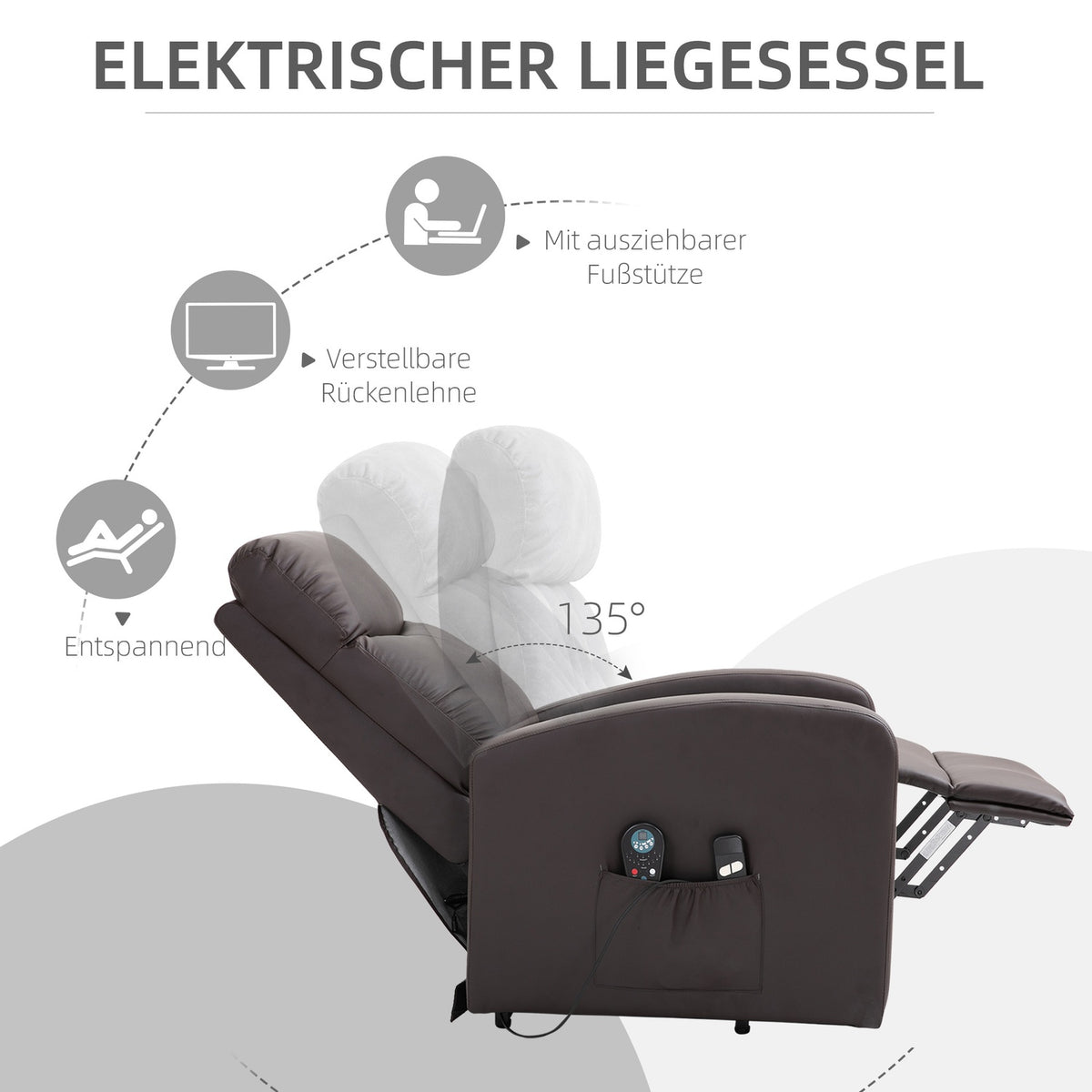 Armchair, Relaxation Chair With Stand-Up Aid, Electric Massage Chair With Reclining Function And Remote Control, Side Pocket Made Of Faux Leather, Brown