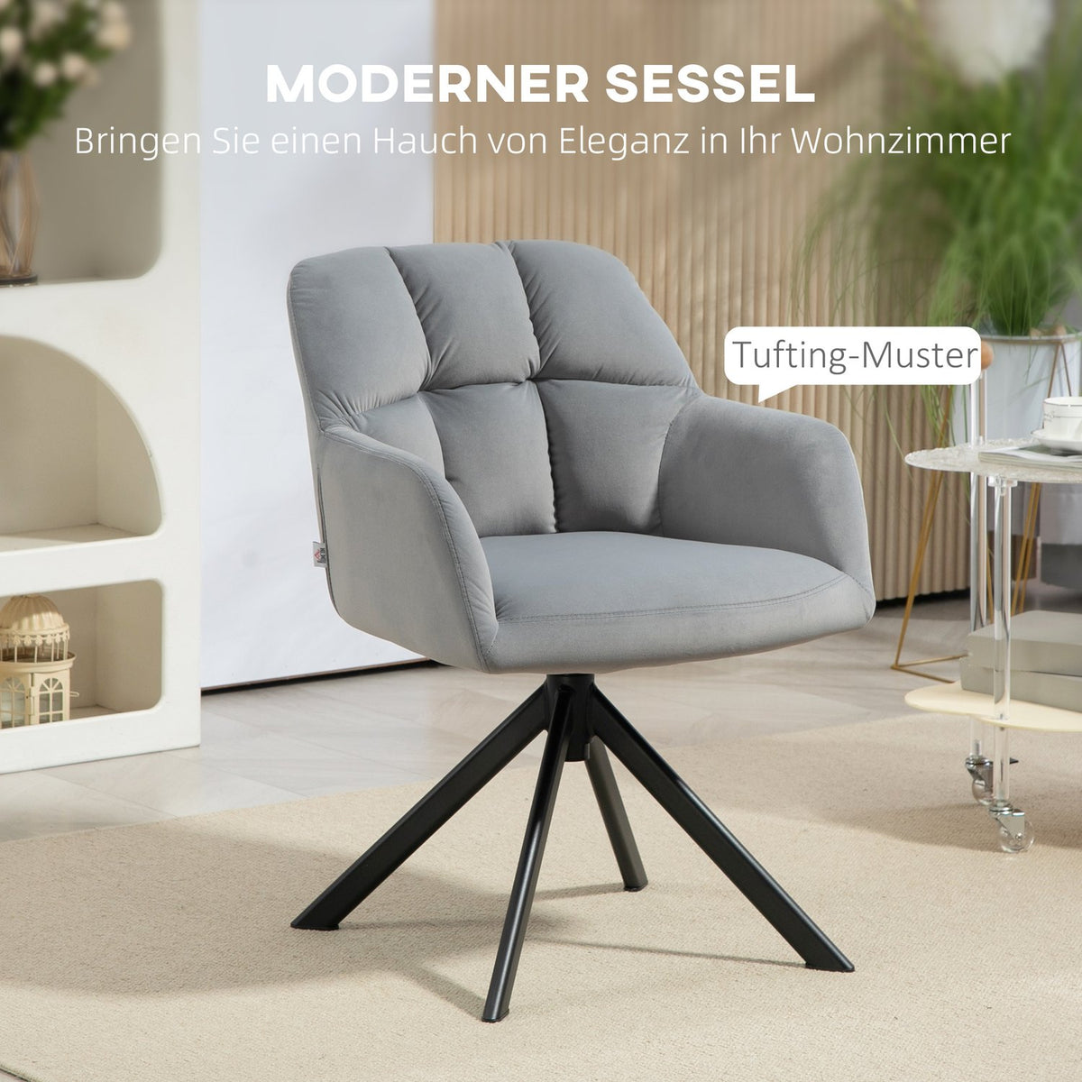 Armchair Swivel Lounge Chair with Velvet Look Armrest Swivel Chair with Metal Legs for Bedroom Living Room Gray