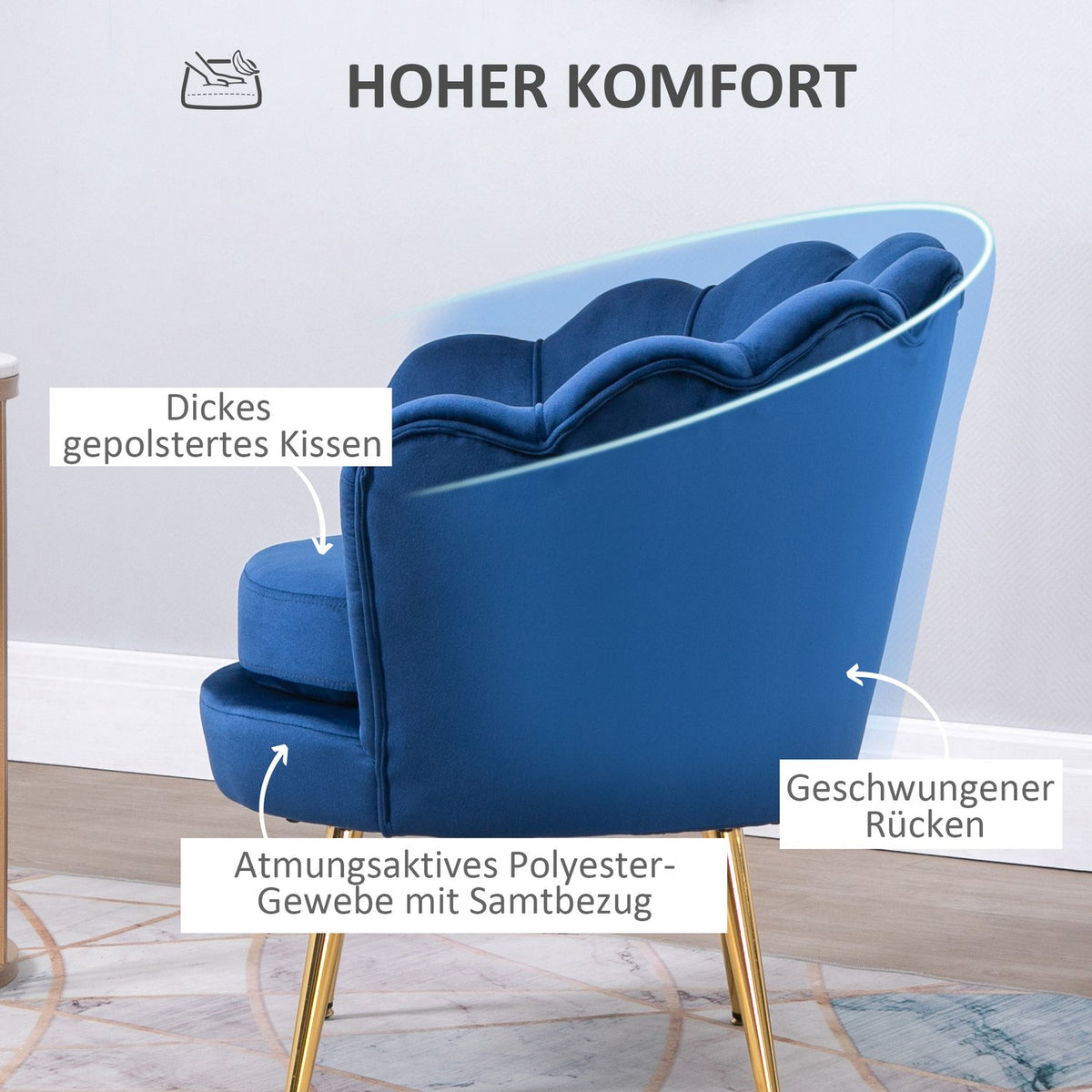 Armchair Upholstered Armchair in Shell Shape Relaxation Chair with Metal Legs Dressing Chair with Velvet Look for Bedroom Living Room Blue