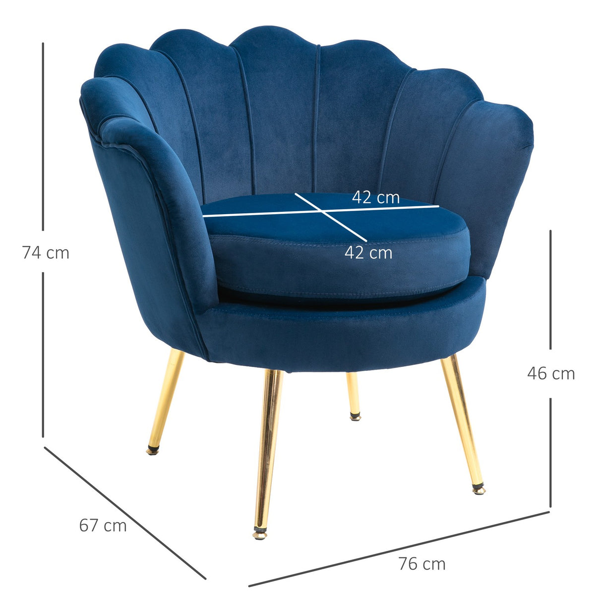 Armchair Upholstered Armchair in Shell Shape Relaxation Chair with Metal Legs Dressing Chair with Velvet Look for Bedroom Living Room Blue
