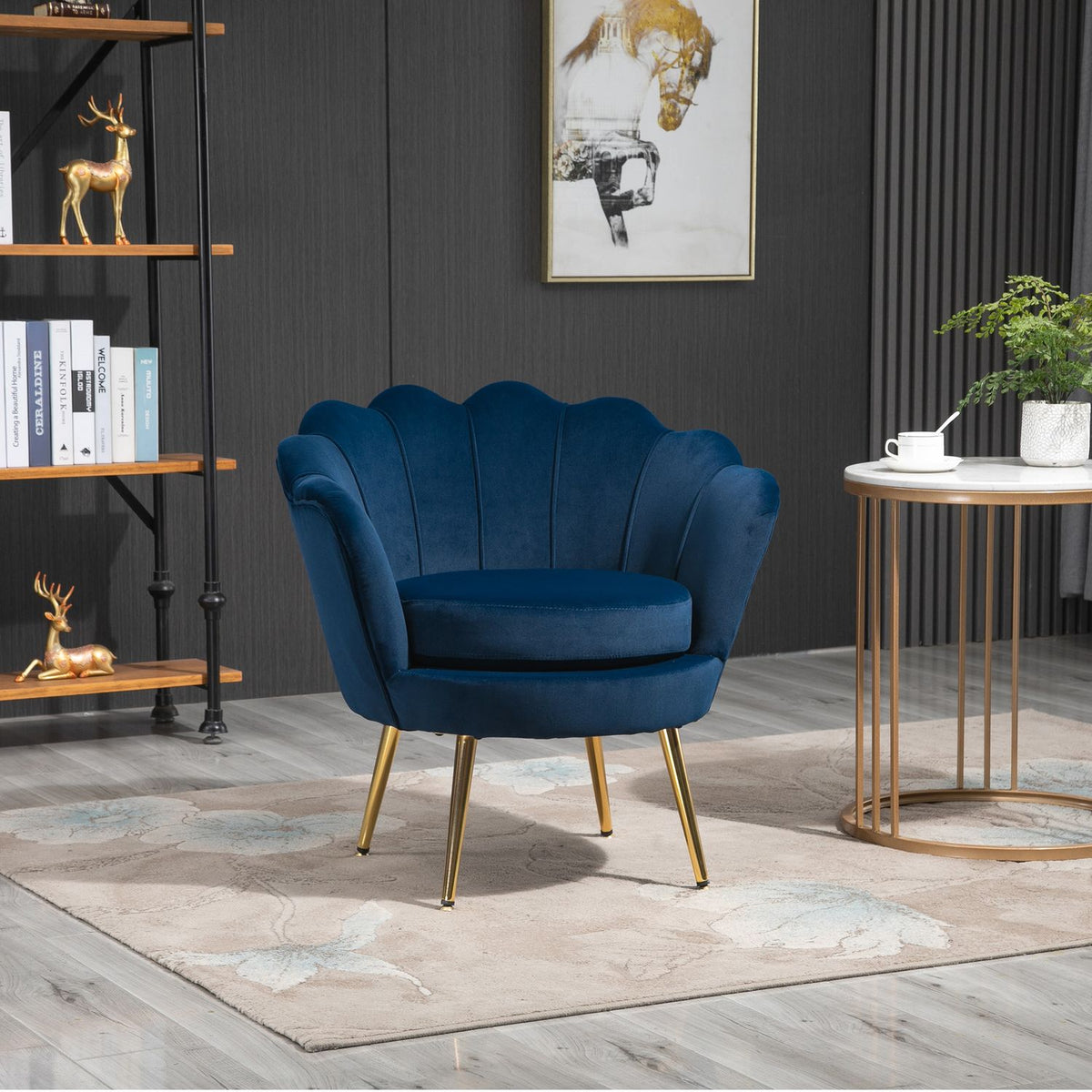 Armchair Upholstered Armchair in Shell Shape Relaxation Chair with Metal Legs Dressing Chair with Velvet Look for Bedroom Living Room Blue
