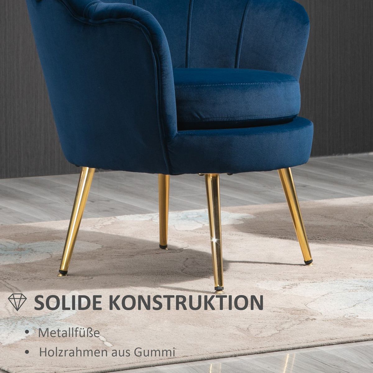 Armchair Upholstered Armchair in Shell Shape Relaxation Chair with Metal Legs Dressing Chair with Velvet Look for Bedroom Living Room Blue
