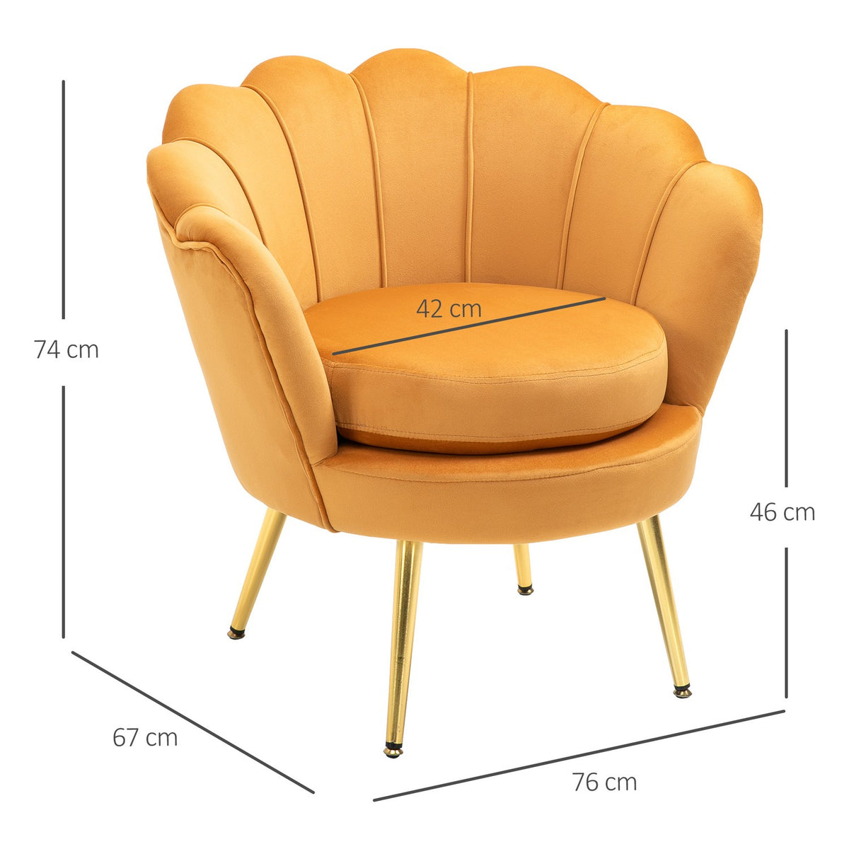 Armchair Upholstered Armchair in Shell Shape Relaxation Chair with Metal Legs Dressing Chair with Velvet Look for Bedroom Living Room Yellow