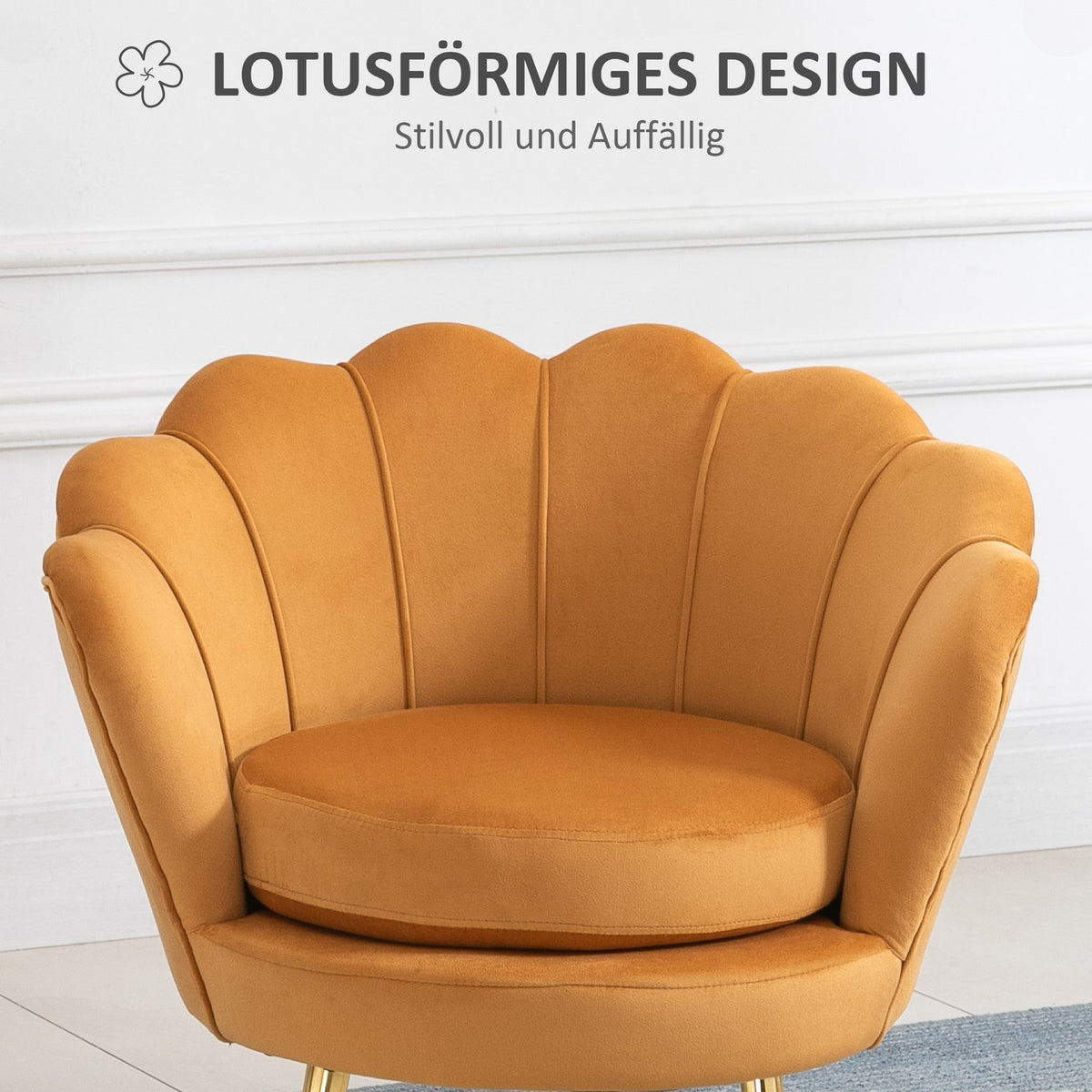 Armchair Upholstered Armchair in Shell Shape Relaxation Chair with Metal Legs Dressing Chair with Velvet Look for Bedroom Living Room Yellow