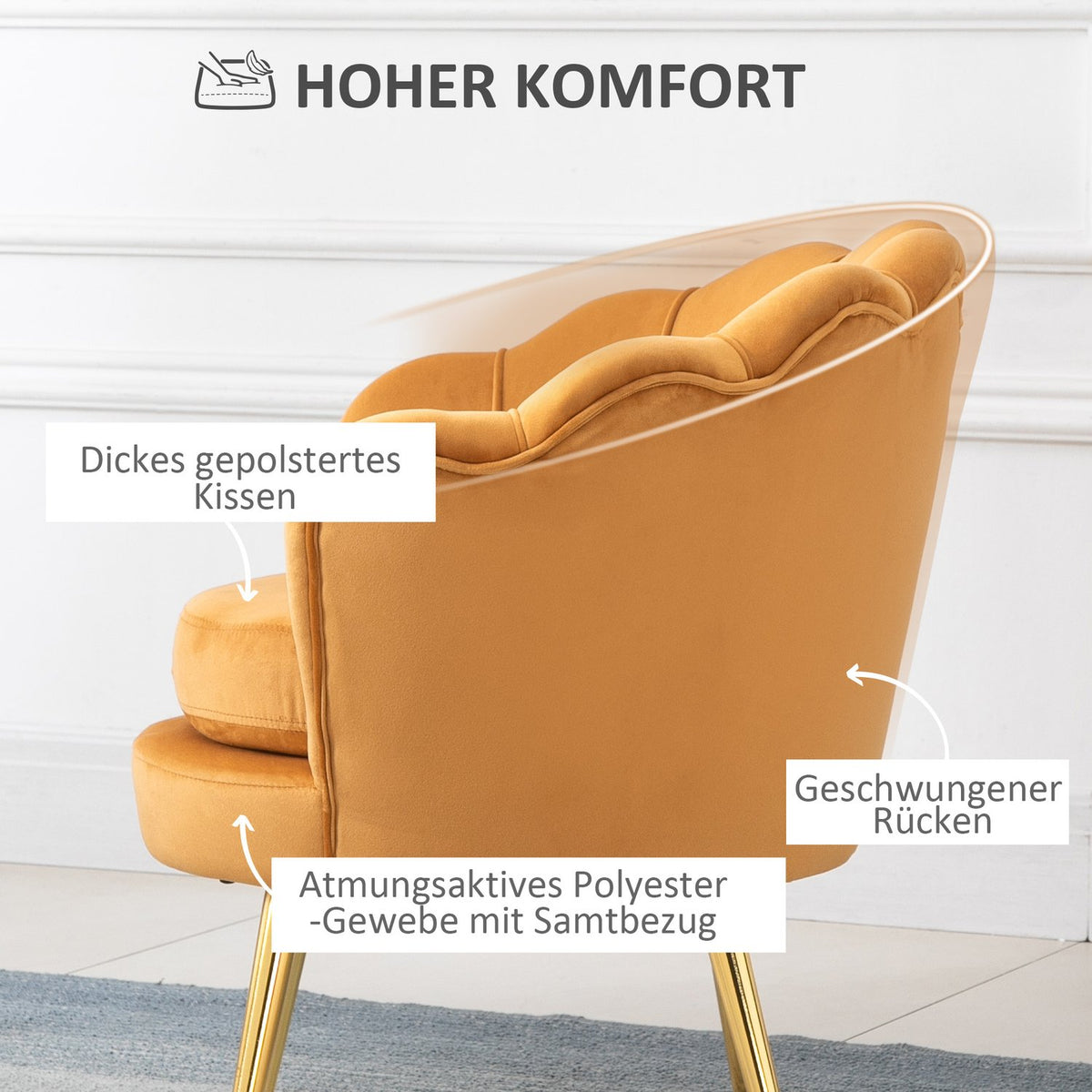 Armchair Upholstered Armchair in Shell Shape Relaxation Chair with Metal Legs Dressing Chair with Velvet Look for Bedroom Living Room Yellow