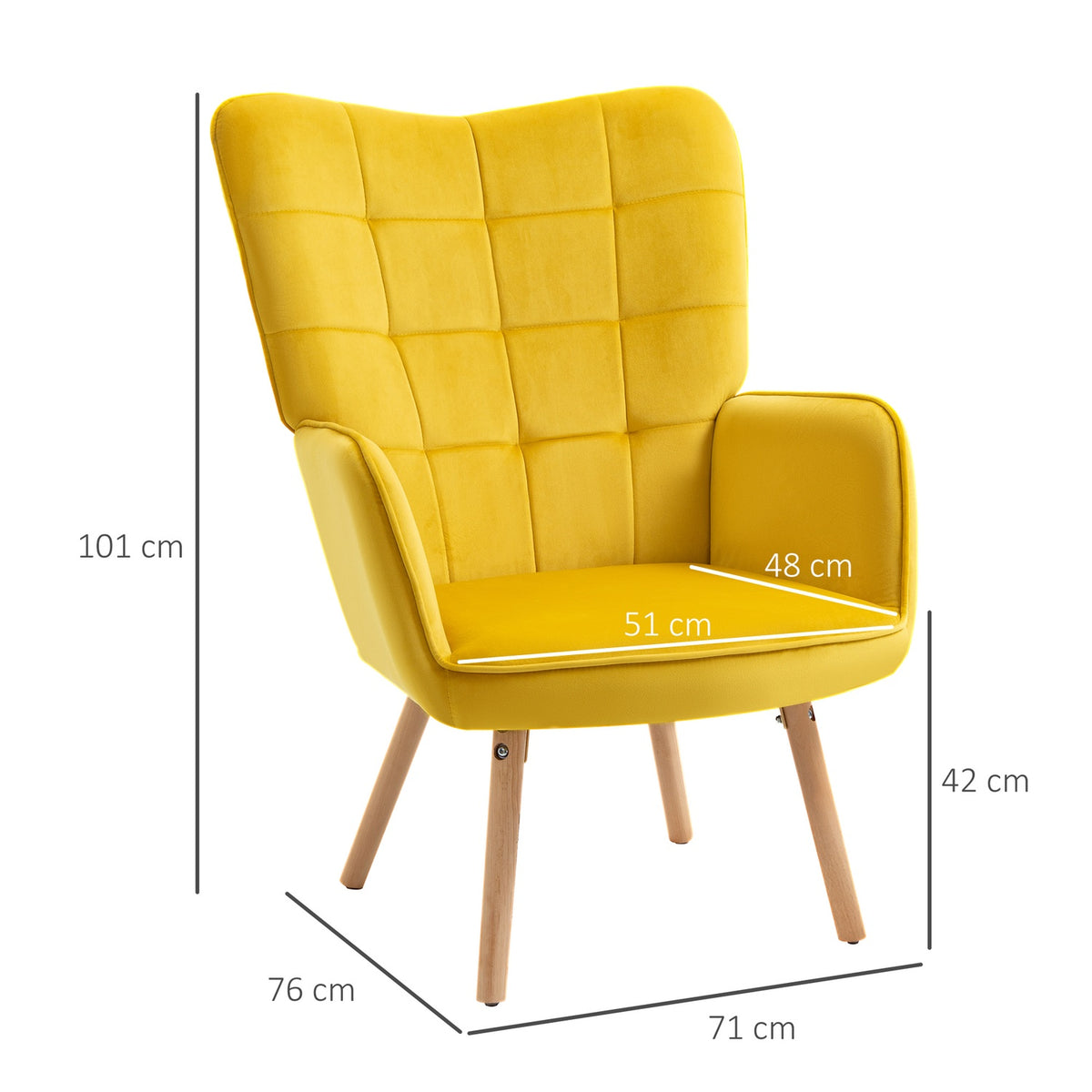 Armchair Wing Chair with Armrests, Wooden Frame Padded Lounge Chair with Velvet Look, Relaxation Chair for Living Room, Bedroom, Yellow