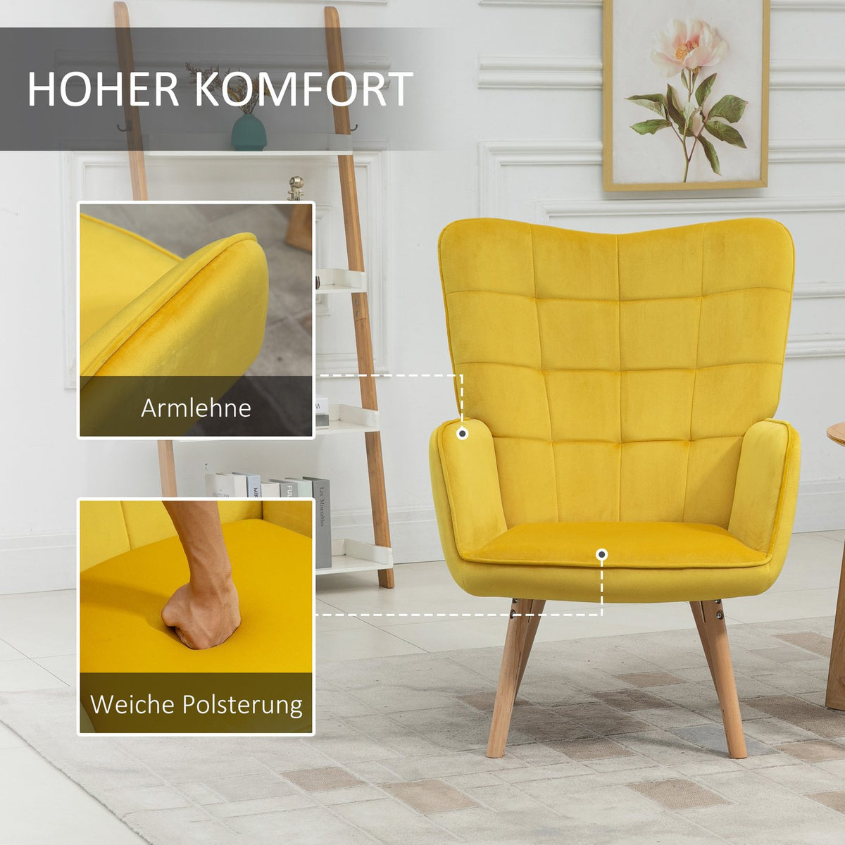 Armchair Wing Chair with Armrests, Wooden Frame Padded Lounge Chair with Velvet Look, Relaxation Chair for Living Room, Bedroom, Yellow