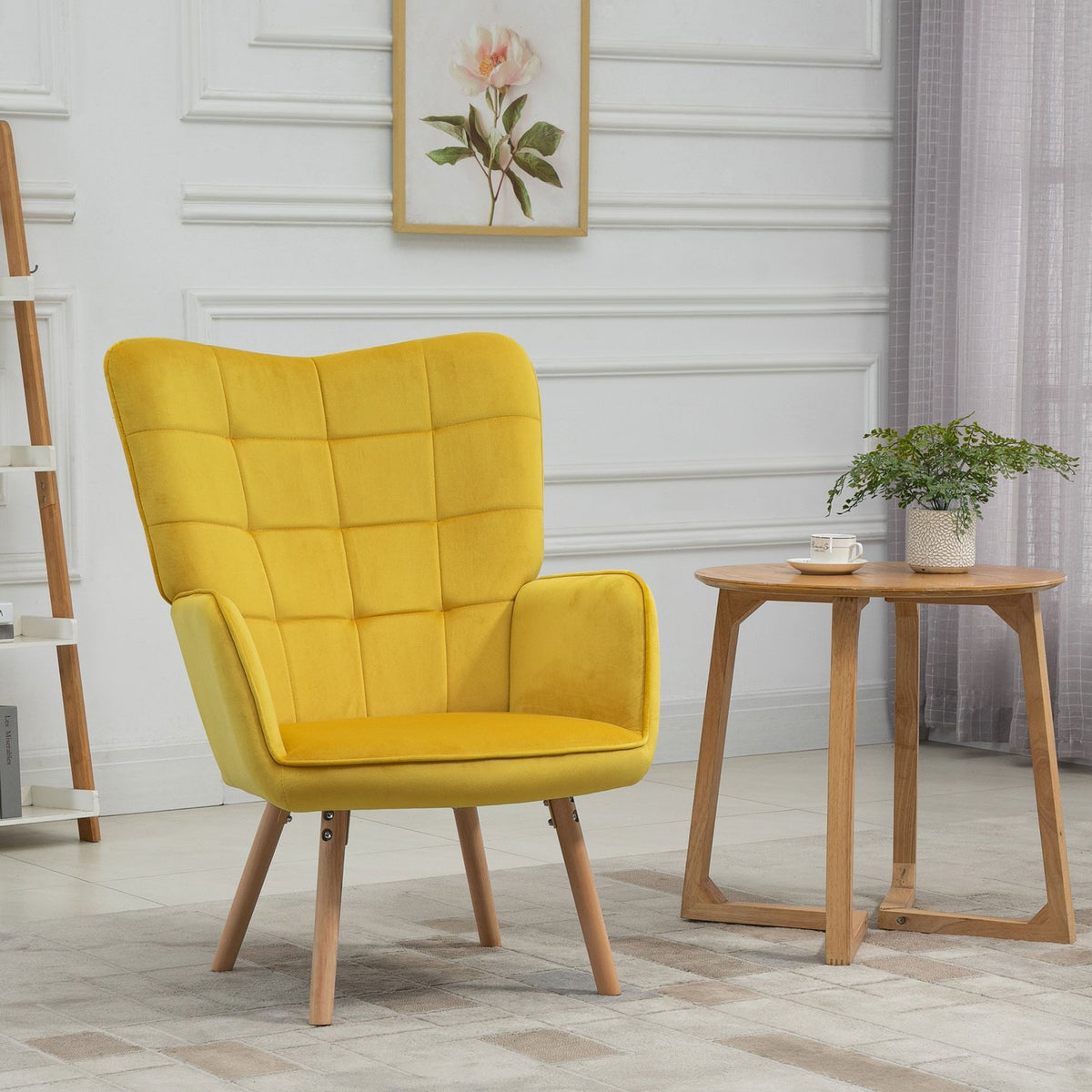 Armchair Wing Chair with Armrests, Wooden Frame Padded Lounge Chair with Velvet Look, Relaxation Chair for Living Room, Bedroom, Yellow