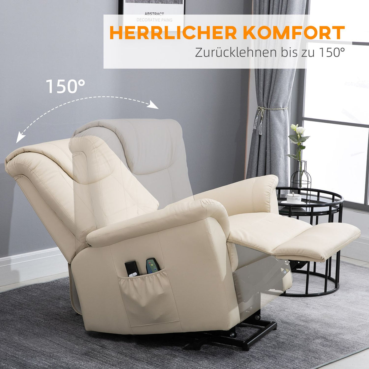 Armchair With Stand-Up Aid, Adjustable Relaxation Chair, Electric Massage Chair With Heating Function, With Remote Control, Made Of Faux Leather, Cream