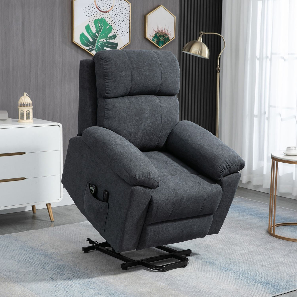 Armchair With Stand-Up Aid, Relaxation Chair With Reclining Function, Massage Chair With Side Pocket, Tv Chair With Remote Control, Gray