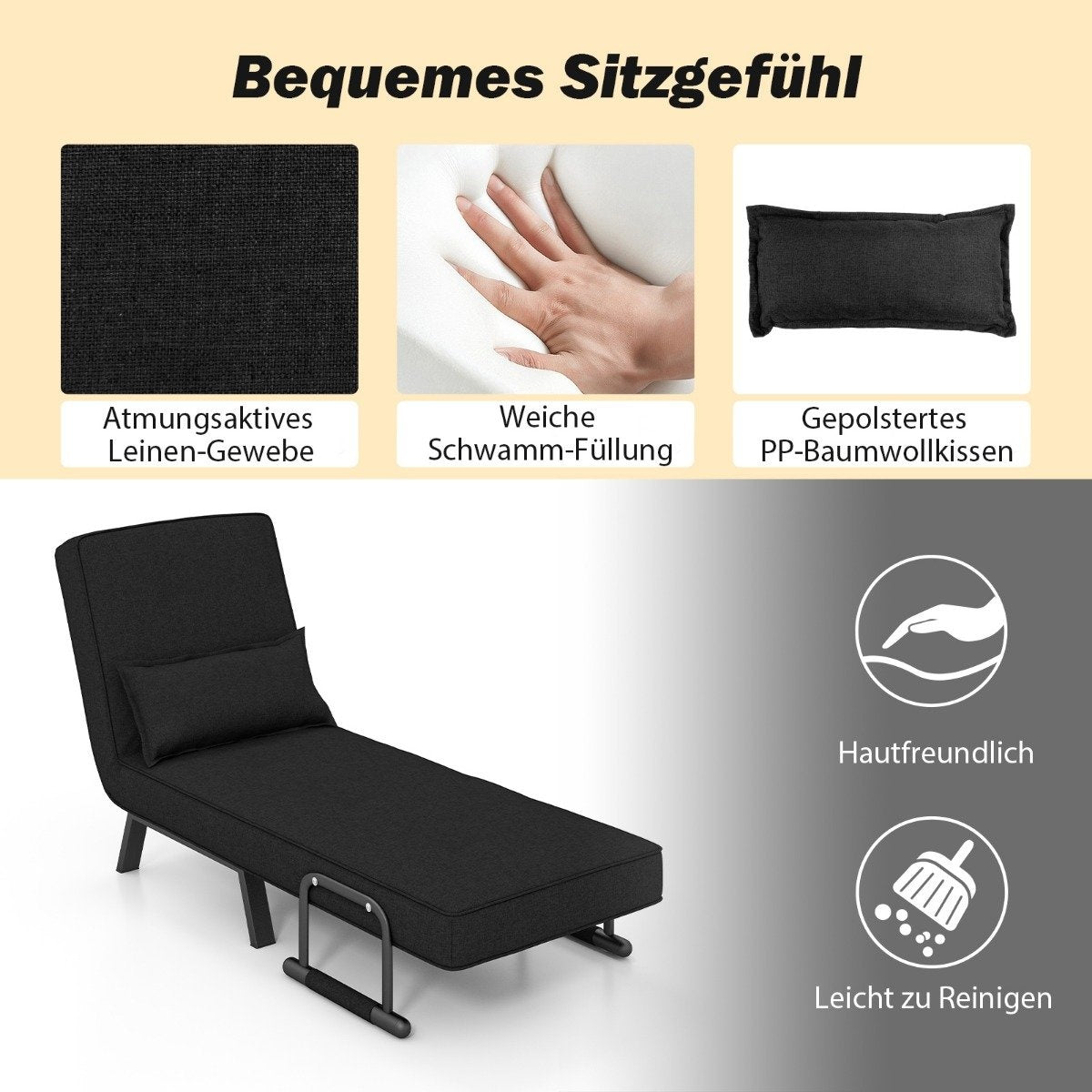 Armchair bed with bed function, folding sofa, sofa bed with adjustable backrest and removable cushion, black