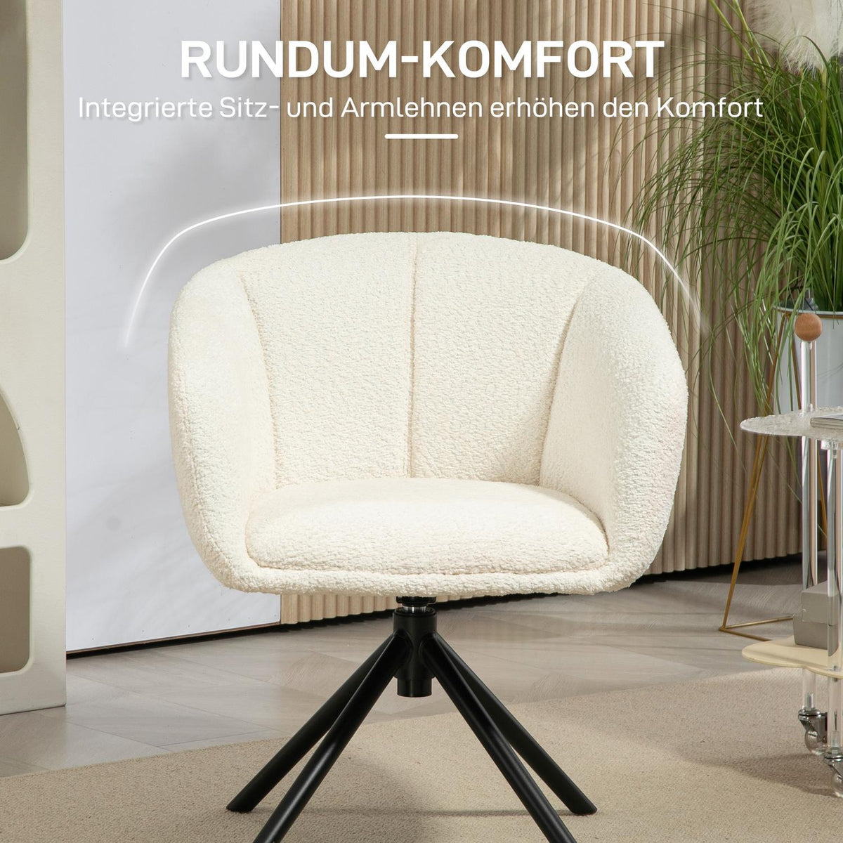 Armchair lounge chair with armrest, 360° swivel function, linen look, swivel chair with metal legs, for living room, bedroom, cream white