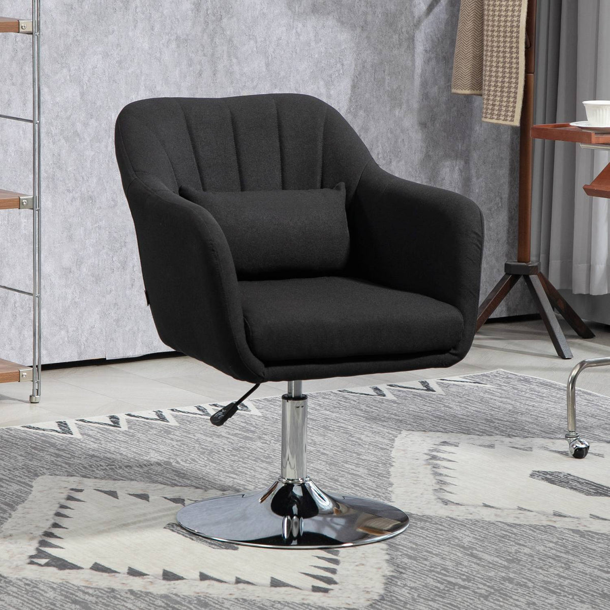 Armchair lounge chair with armrest, lumbar cushion, padded relaxation chair with metal frame, linen look, height adjustable swivel chair for bedroom, living room, black