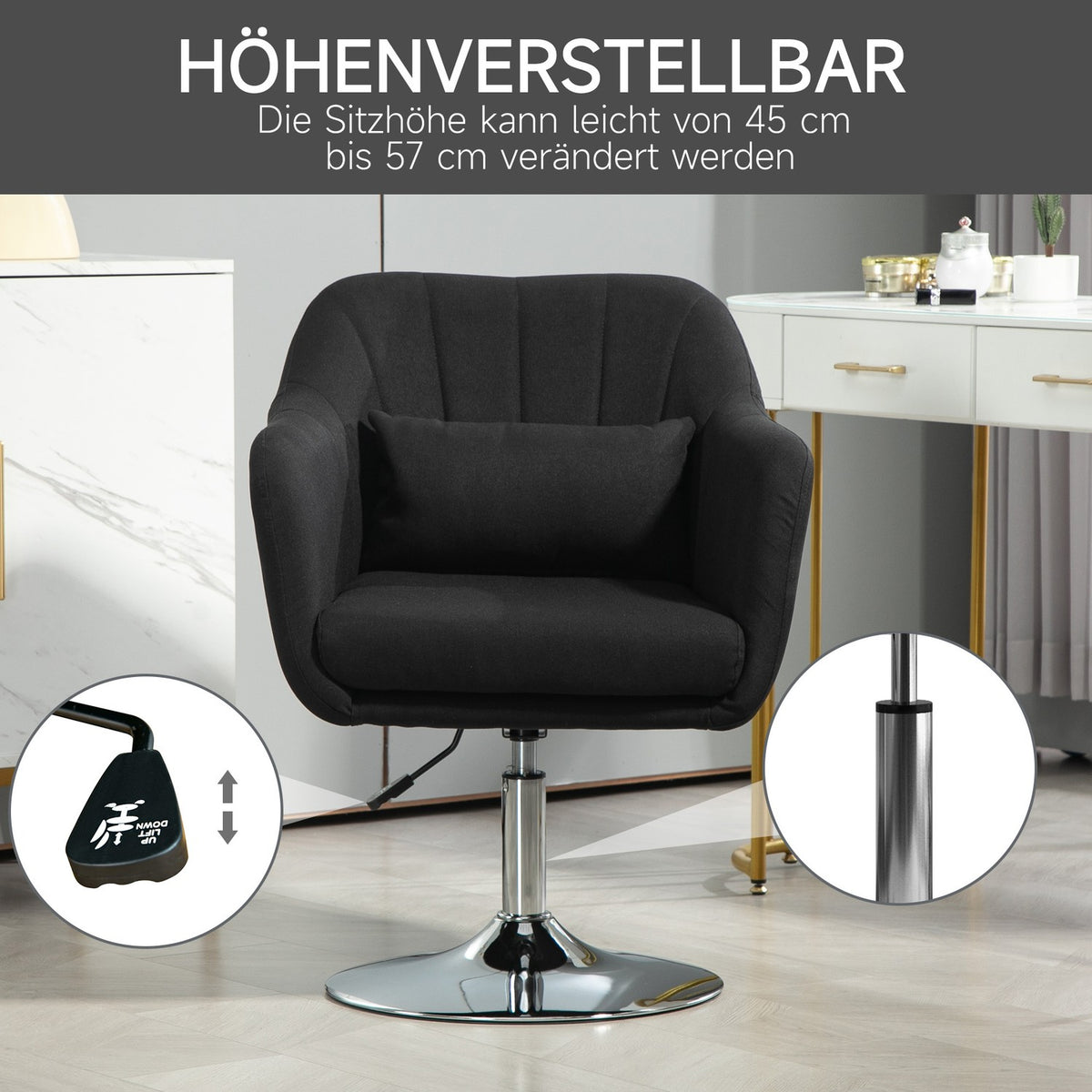 Armchair lounge chair with armrest, lumbar cushion, padded relaxation chair with metal frame, linen look, height adjustable swivel chair for bedroom, living room, black
