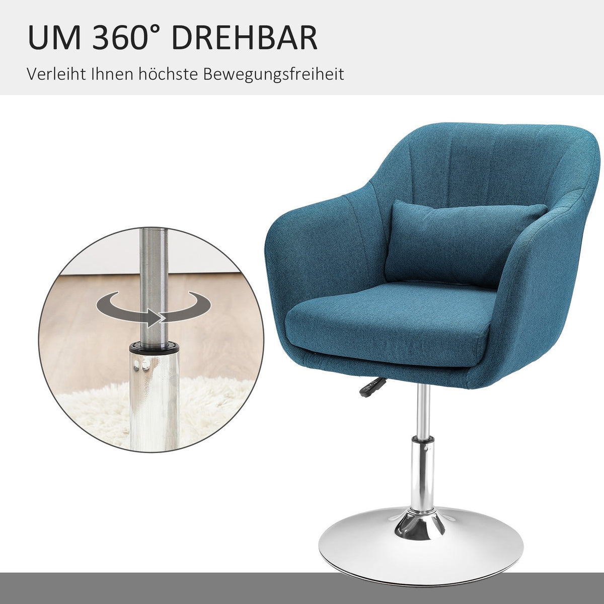 Armchair lounge chair with armrest, lumbar cushion, padded relaxation chair with metal frame, linen look, height adjustable swivel chair for bedroom, living room, light blue |