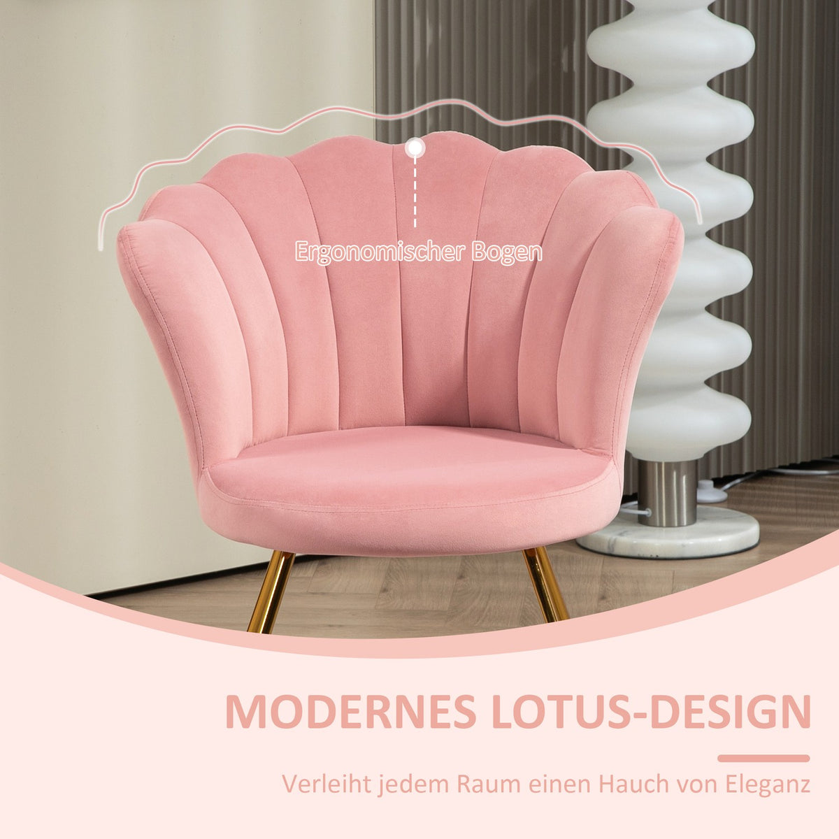 Armchair lounge chair with armrests, metal legs, relaxation chair with backrest in lotus design, velvet look, upholstered chair for living room, bedroom pink |