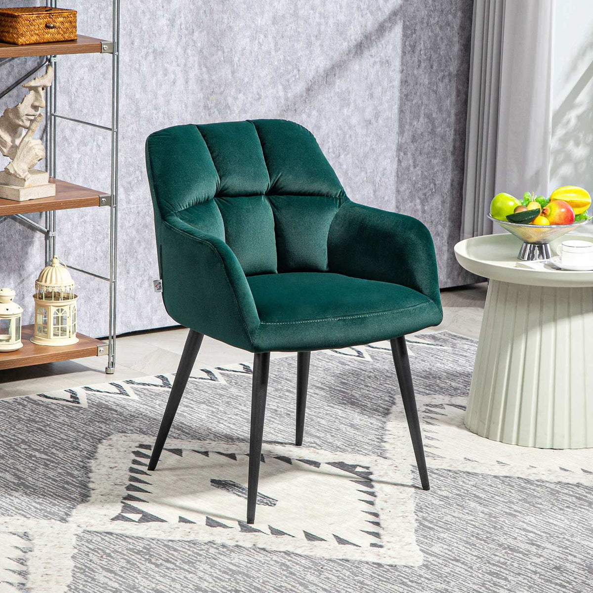 Armchair lounge chair with armrests, velvet look, padded relaxation chair with steel legs, for living room, bedroom, dark green