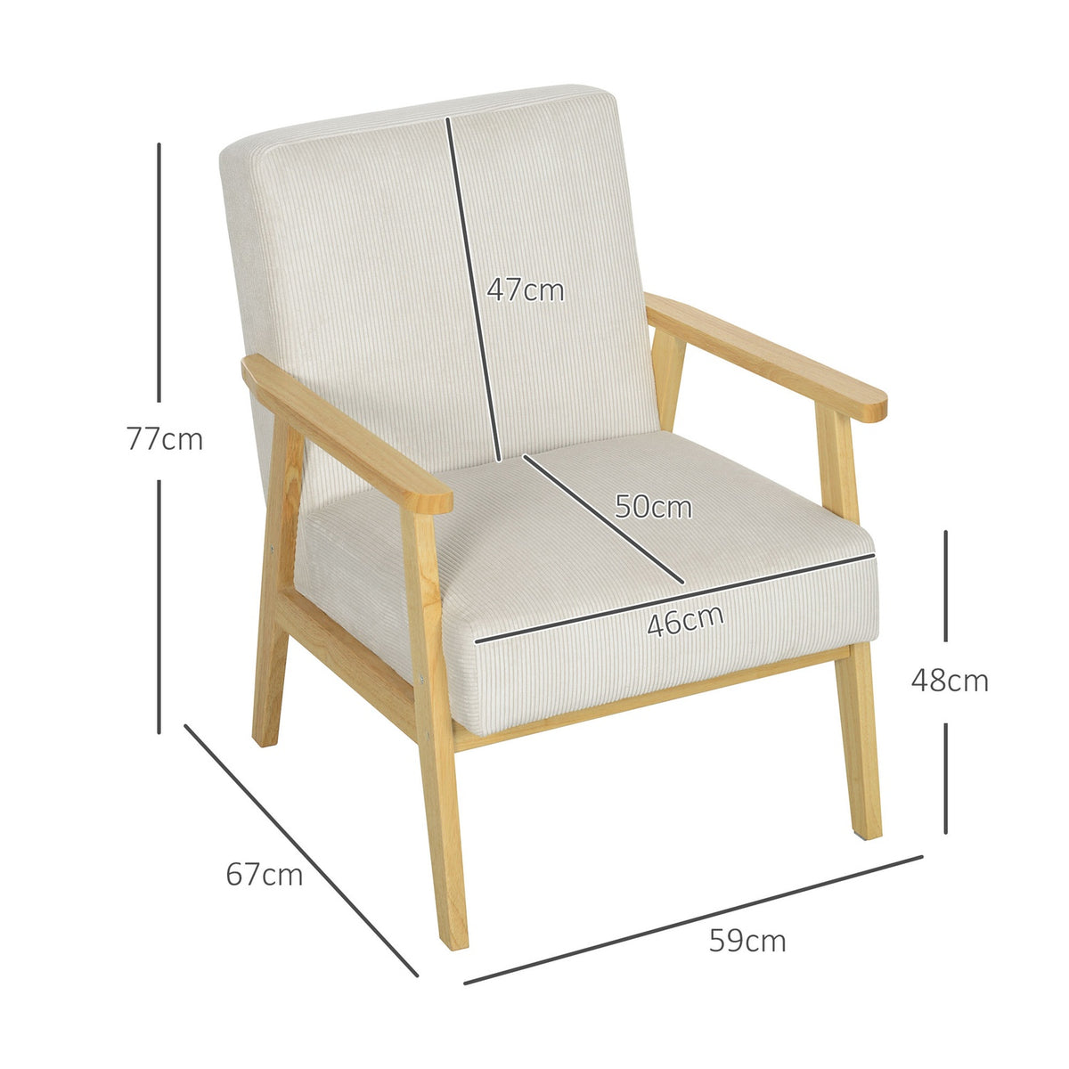 Armchair lounge chair with armrests, wooden legs, upholstered accent chair with corduroy look, relaxation chair for living room, bedroom, cream white