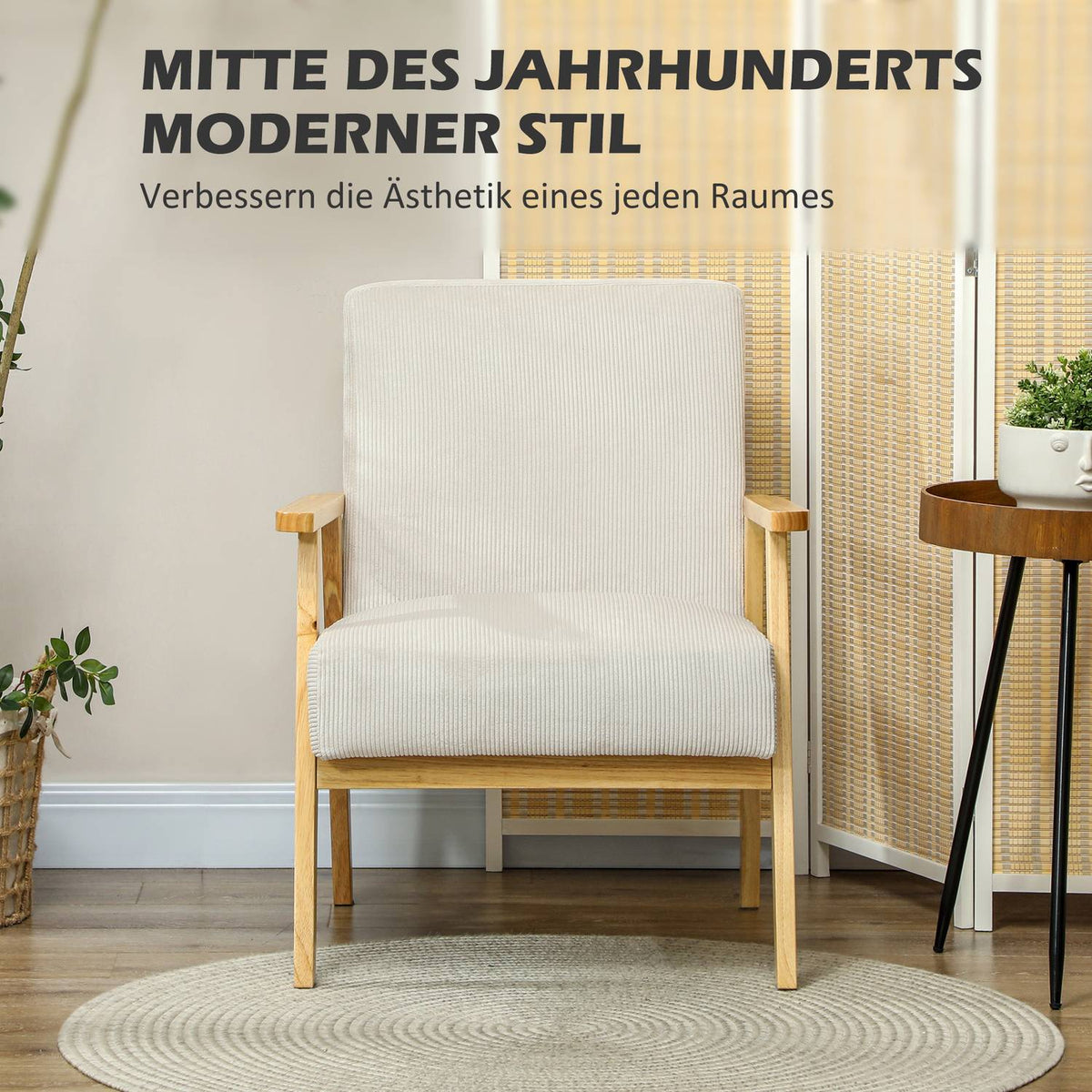 Armchair lounge chair with armrests, wooden legs, upholstered accent chair with corduroy look, relaxation chair for living room, bedroom, cream white