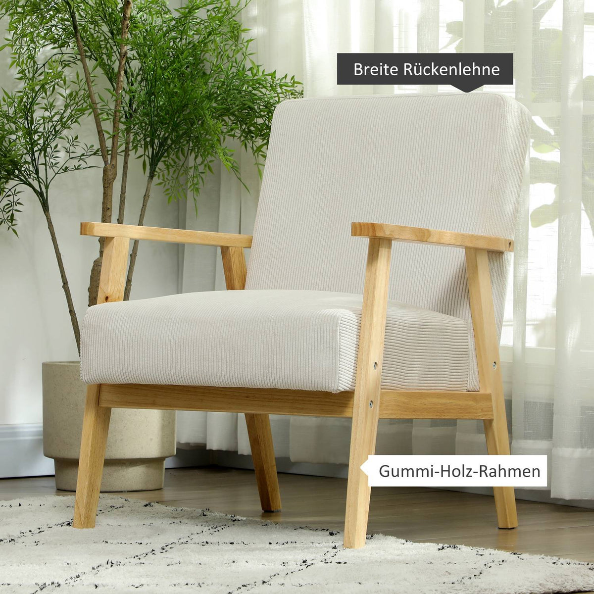 Armchair lounge chair with armrests, wooden legs, upholstered accent chair with corduroy look, relaxation chair for living room, bedroom, cream white