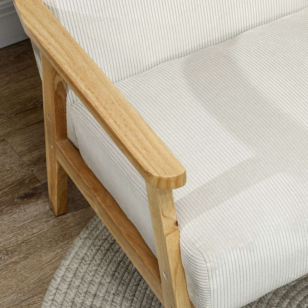 Armchair lounge chair with armrests, wooden legs, upholstered accent chair with corduroy look, relaxation chair for living room, bedroom, cream white