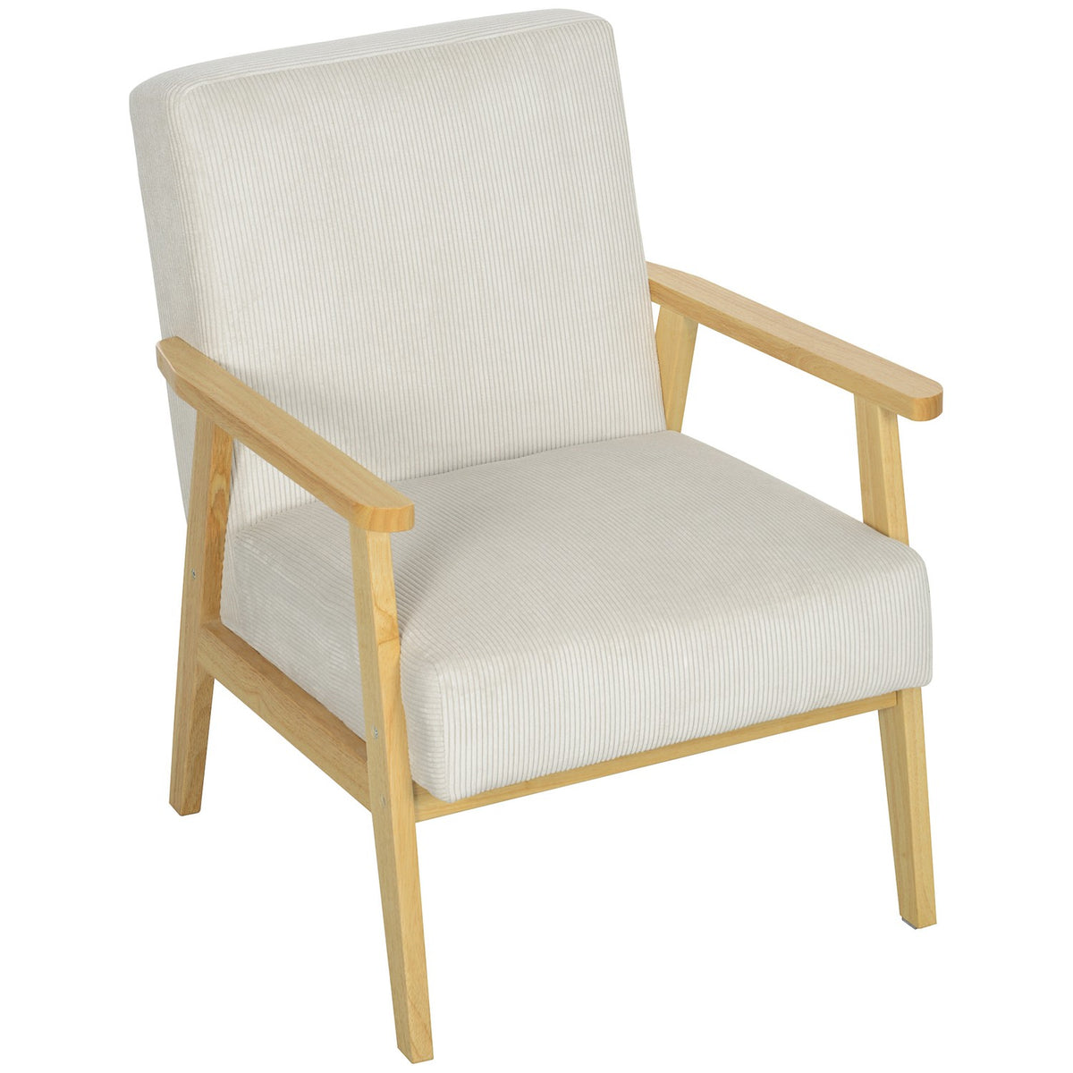 Armchair lounge chair with armrests, wooden legs, upholstered accent chair with corduroy look, relaxation chair for living room, bedroom, cream white