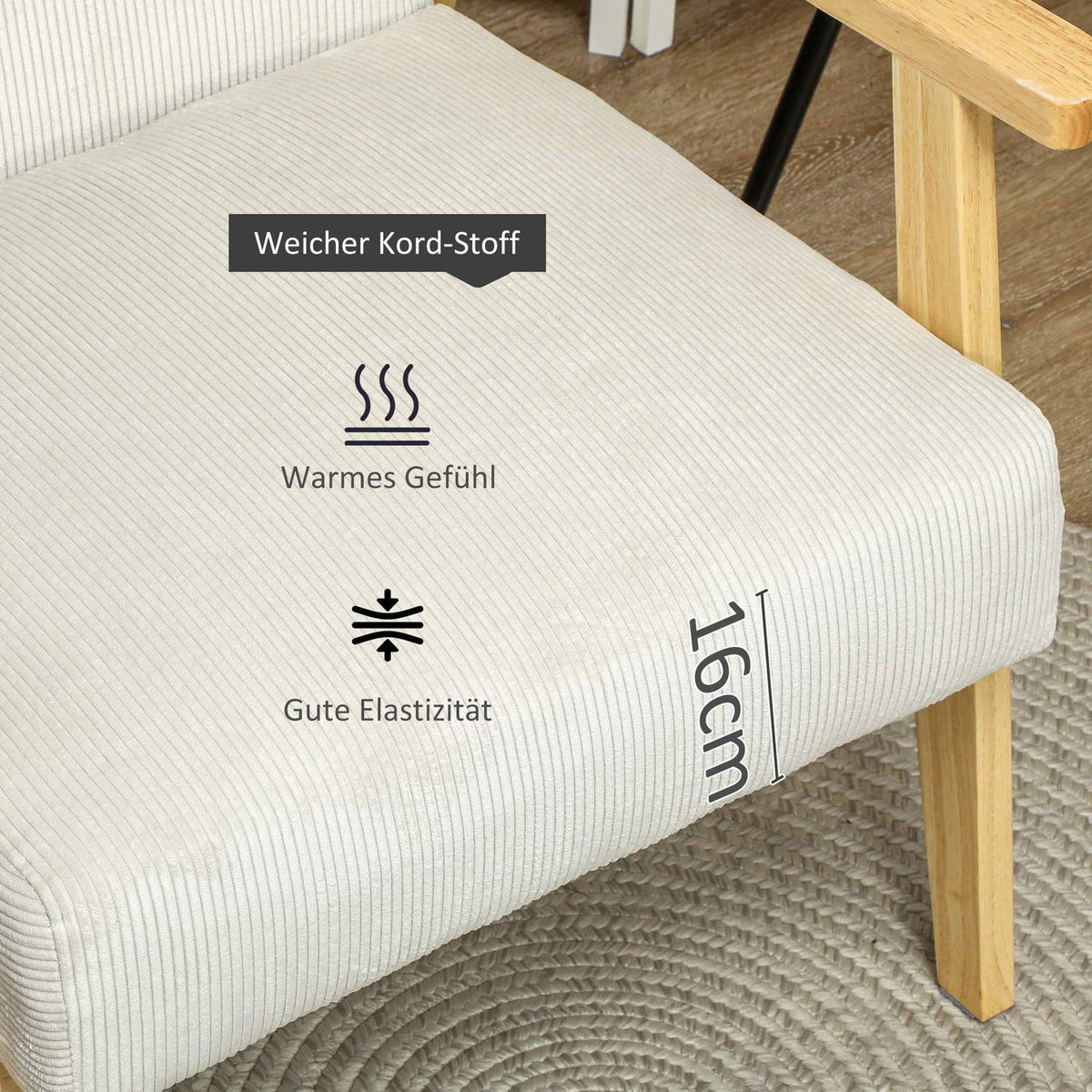 Armchair lounge chair with armrests, wooden legs, upholstered accent chair with corduroy look, relaxation chair for living room, bedroom, cream white