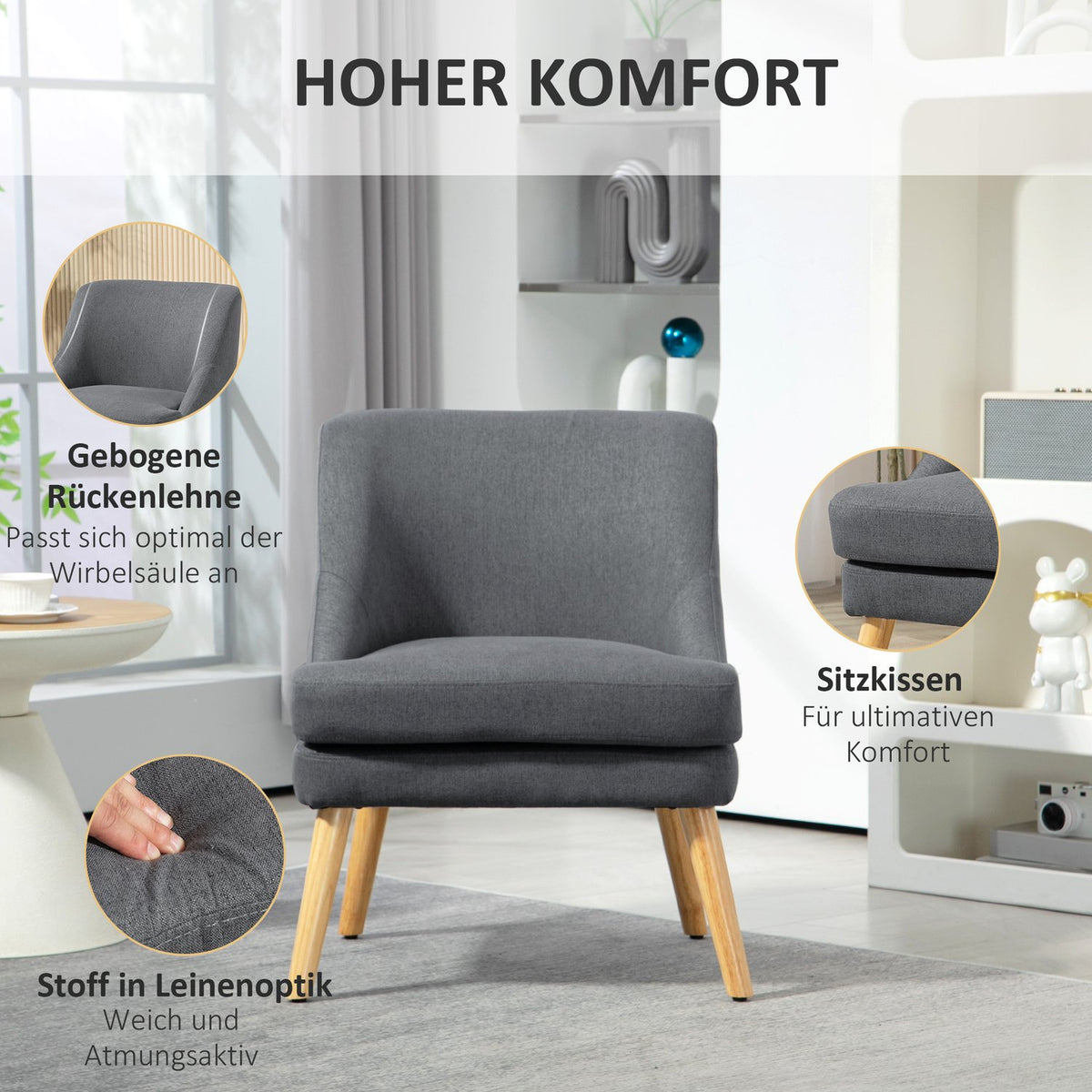 Armchair lounge chair with linen look, armrest, padded relaxation chair with wooden legs, for living room, bedroom, dark gray