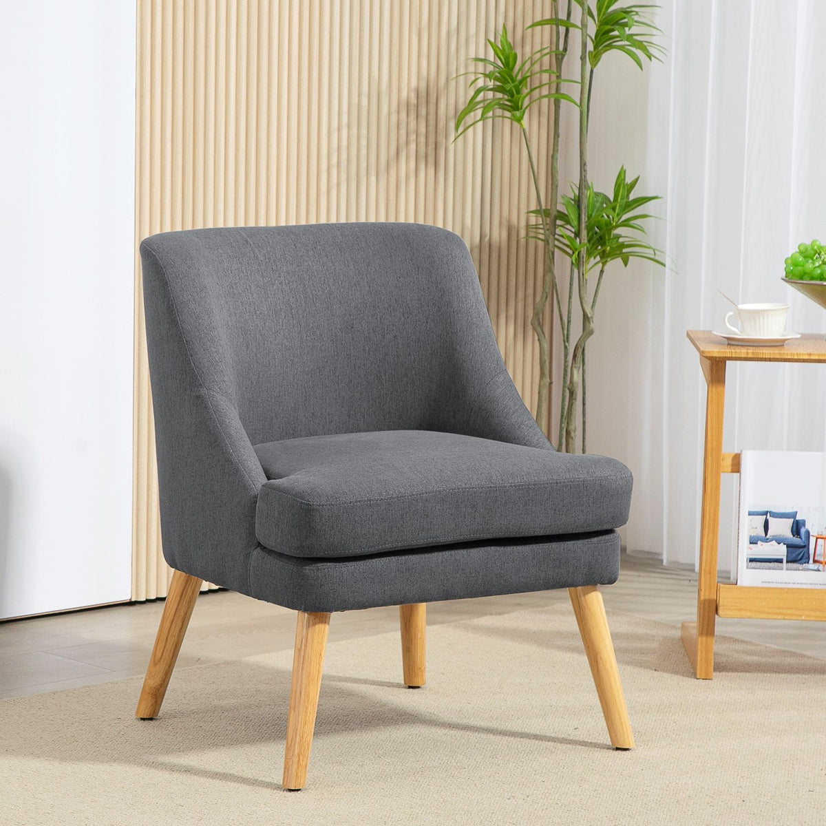 Armchair lounge chair with linen look, armrest, padded relaxation chair with wooden legs, for living room, bedroom, dark gray