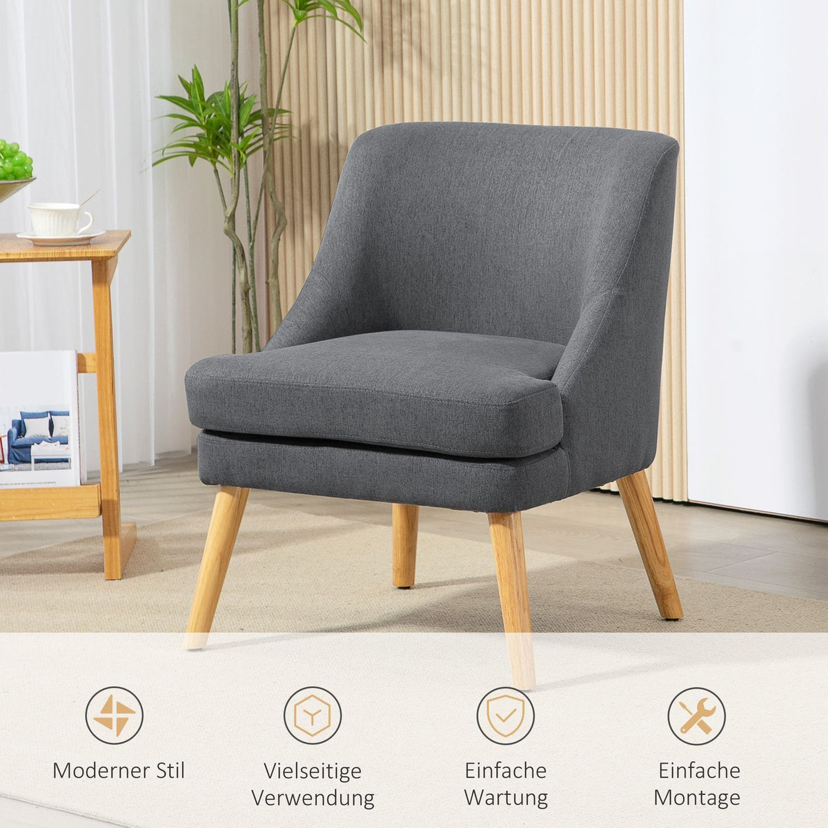 Armchair lounge chair with linen look, armrest, padded relaxation chair with wooden legs, for living room, bedroom, dark gray