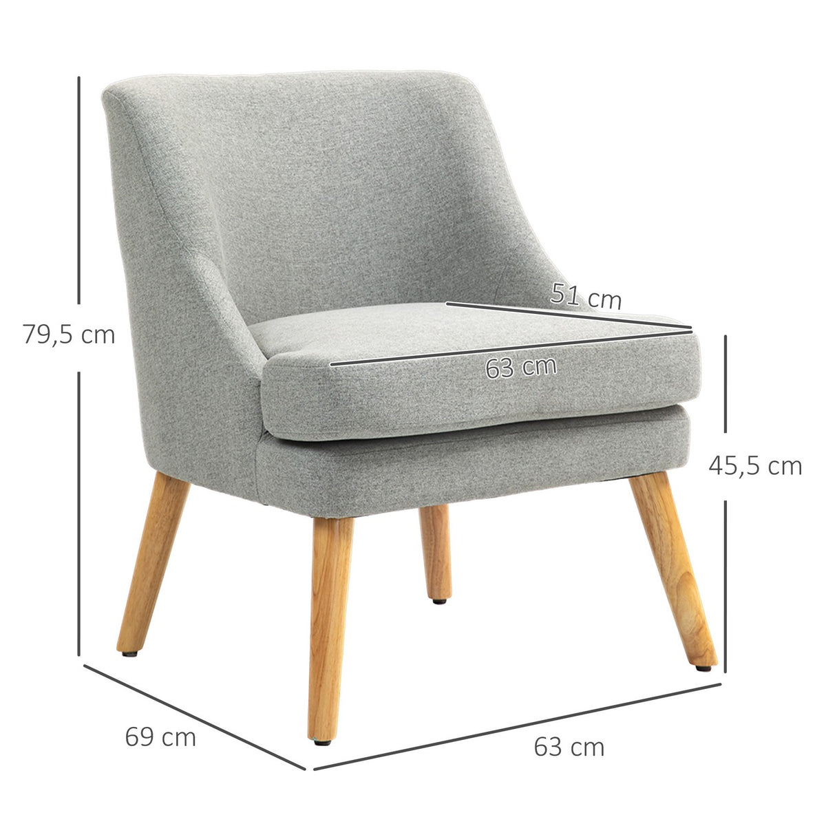 Armchair lounge chair with linen look, armrest, padded relaxation chair with wooden legs, for living room, bedroom, light gray