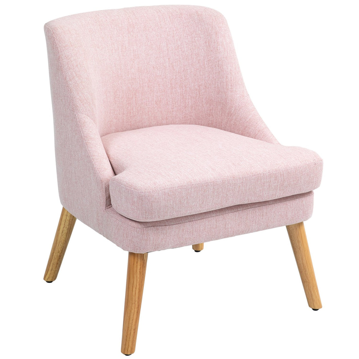 Armchair lounge chair with linen look, armrest, padded relaxation chair with wooden legs, for living room, bedroom, pink