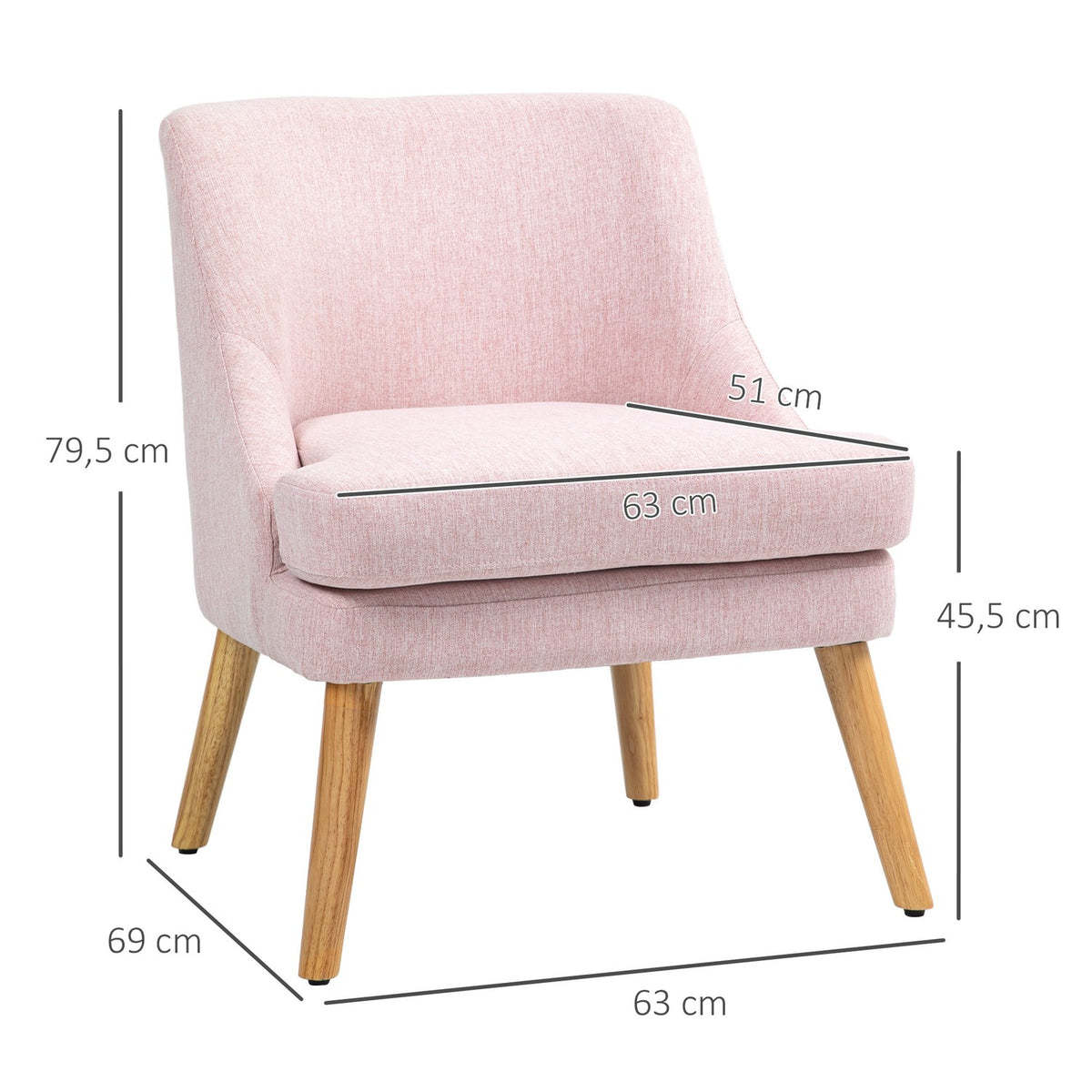 Armchair lounge chair with linen look, armrest, padded relaxation chair with wooden legs, for living room, bedroom, pink