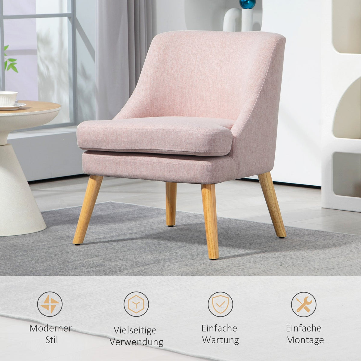 Armchair lounge chair with linen look, armrest, padded relaxation chair with wooden legs, for living room, bedroom, pink