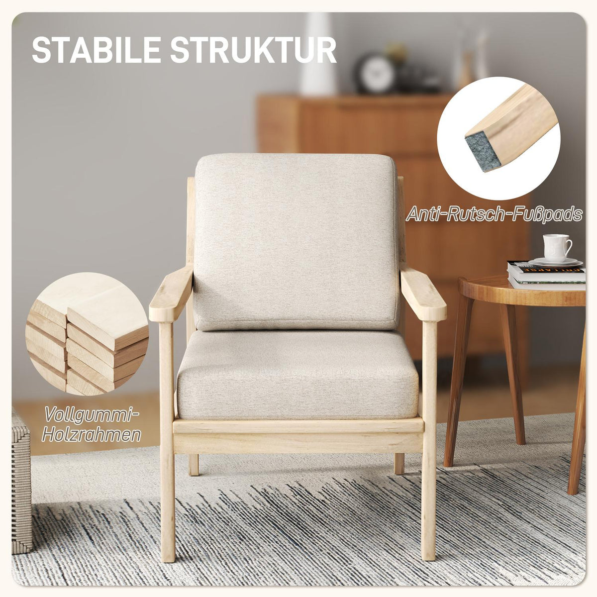 Armchair lounge chair with linen look, armrest, padded relaxation chair with wooden legs, removable cushions, upholstered chair for bedroom, living room, beige