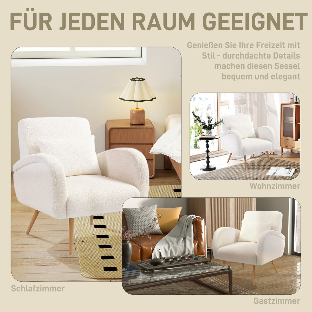 Armchair with Fleece Cover, Cushion, Metal Legs, Cream