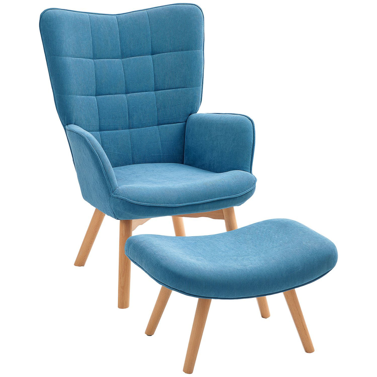 Armchair with Stool, High Back Wing Chair, Wooden Legs, Tufted Design Corduroy Look Lounge Chair for Living Room, Blue
