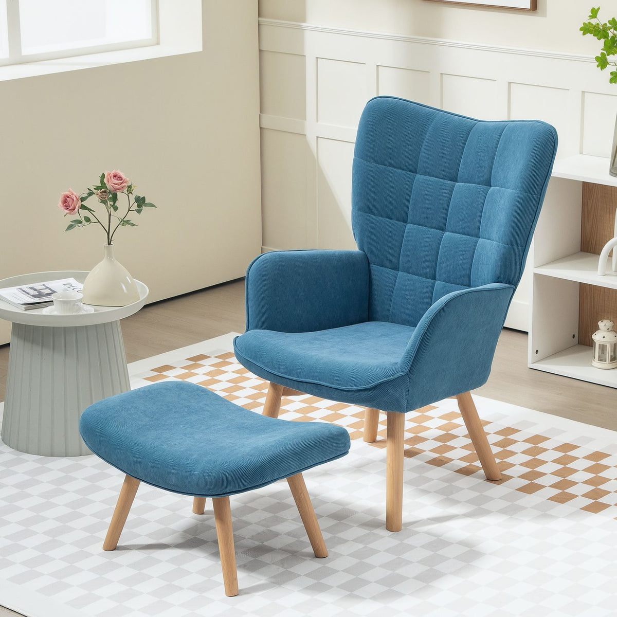 Armchair with Stool, High Back Wing Chair, Wooden Legs, Tufted Design Corduroy Look Lounge Chair for Living Room, Blue