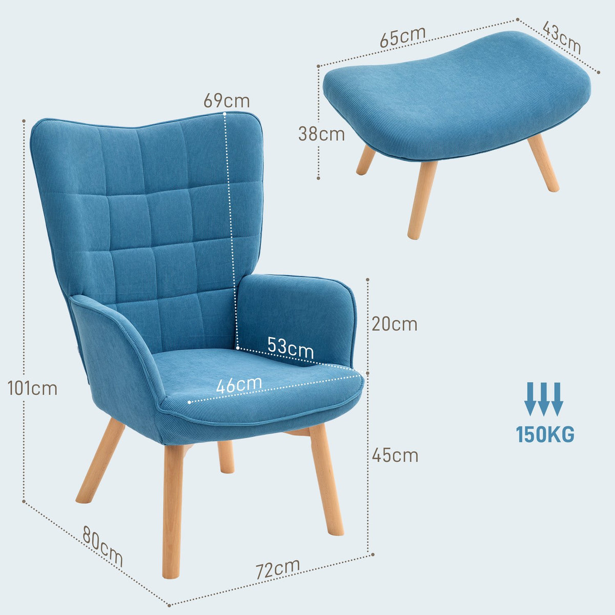 Armchair with Stool, High Back Wing Chair, Wooden Legs, Tufted Design Corduroy Look Lounge Chair for Living Room, Blue