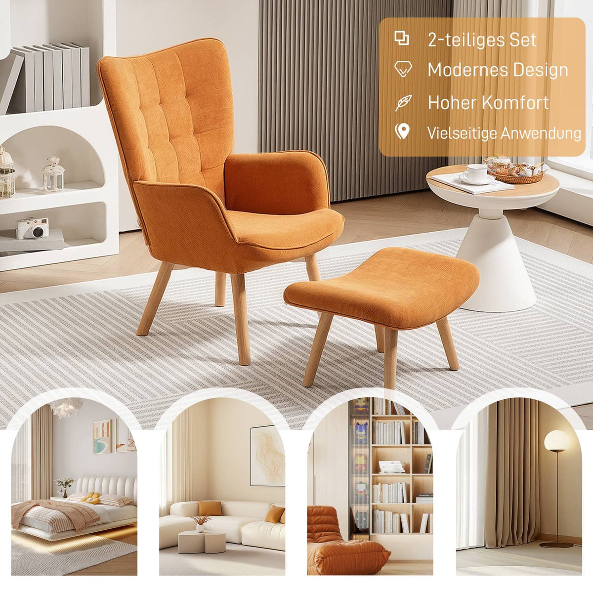 Armchair with Stool, High Back Wing Chair, Wooden Legs, Tufted Design Corduroy Look Lounge Chair for Living Room, Brown